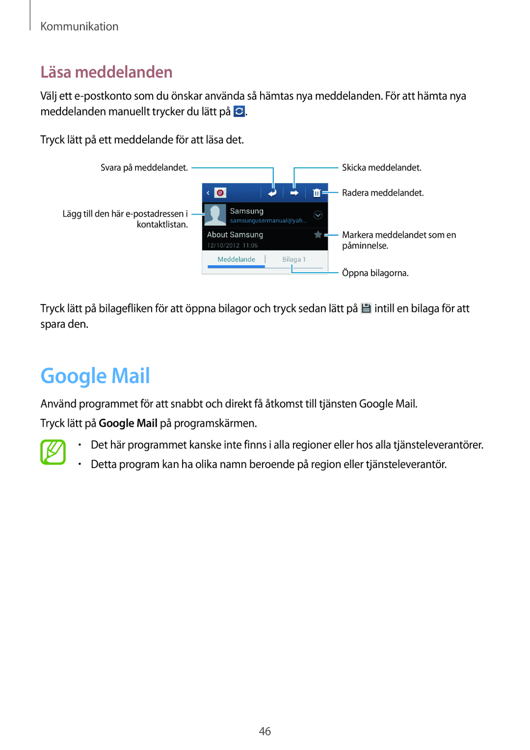 Samsung GT-S6310ZWANEE, GT-S6310YBANEE, GT-S6310DBANEE, GT-S6310MSANEE, GT-S6310WRANEE manual Google Mail, Läsa meddelanden 
