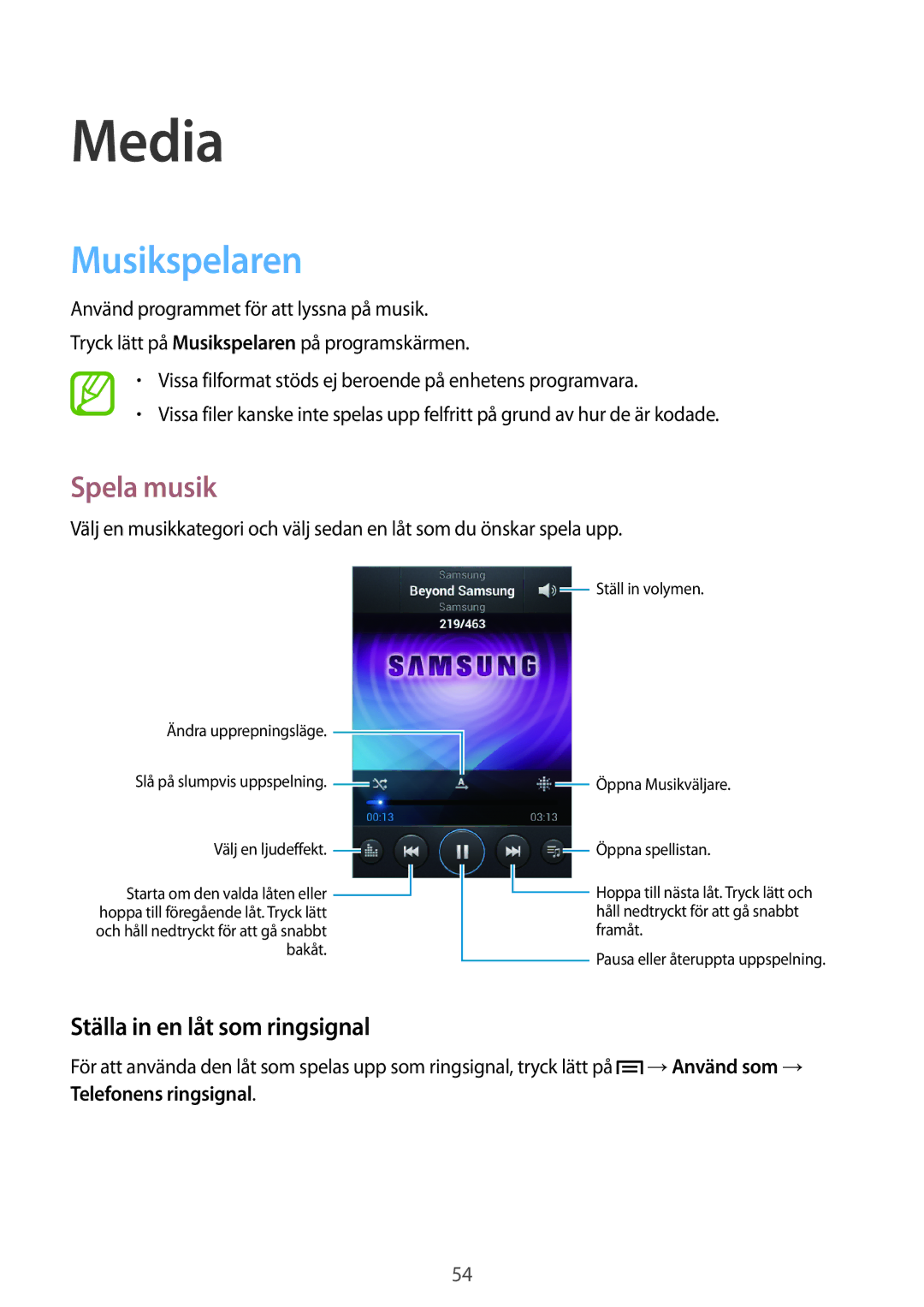 Samsung GT-S6310WRANEE manual Media, Musikspelaren, Spela musik, Ställa in en låt som ringsignal, Telefonens ringsignal 