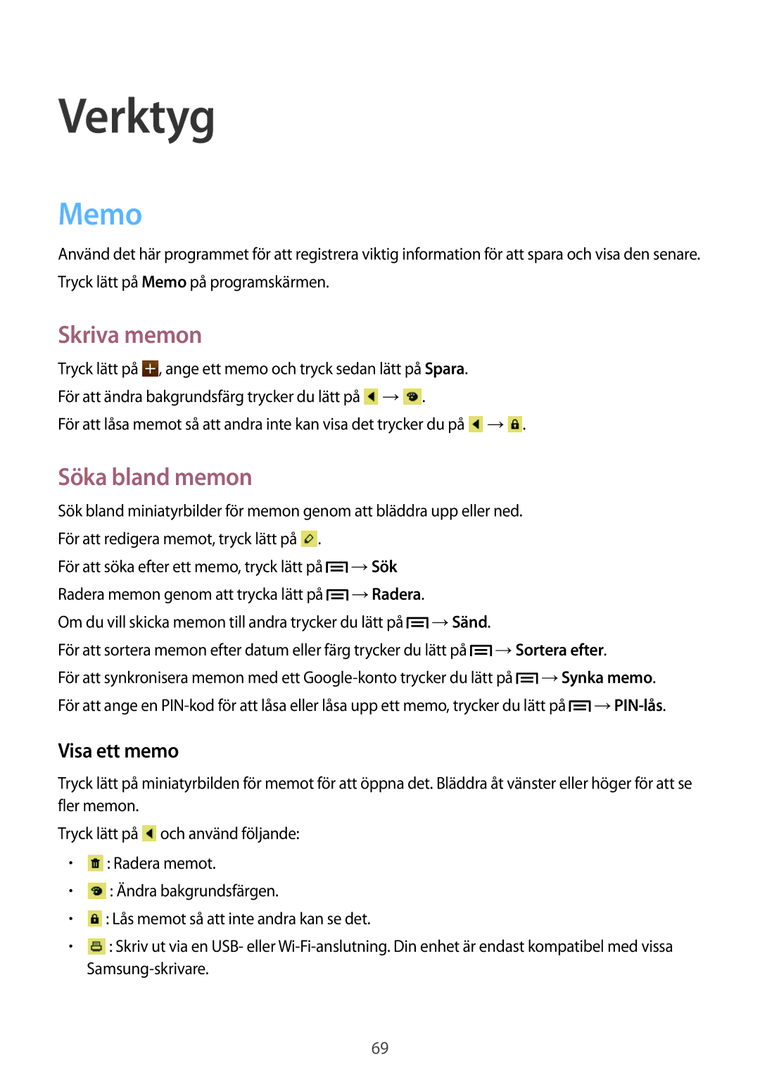 Samsung GT-S6310WRANEE, GT-S6310YBANEE, GT-S6310ZWANEE manual Verktyg, Memo, Skriva memon, Söka bland memon, Visa ett memo 