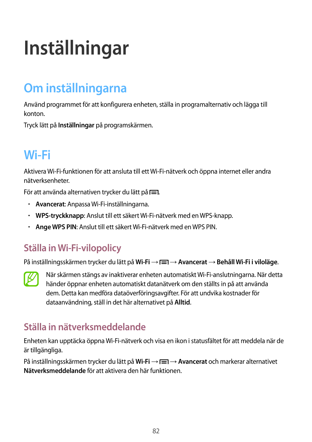 Samsung GT-S6310DBANEE Inställningar, Om inställningarna, Ställa in Wi-Fi-vilopolicy, Ställa in nätverksmeddelande 