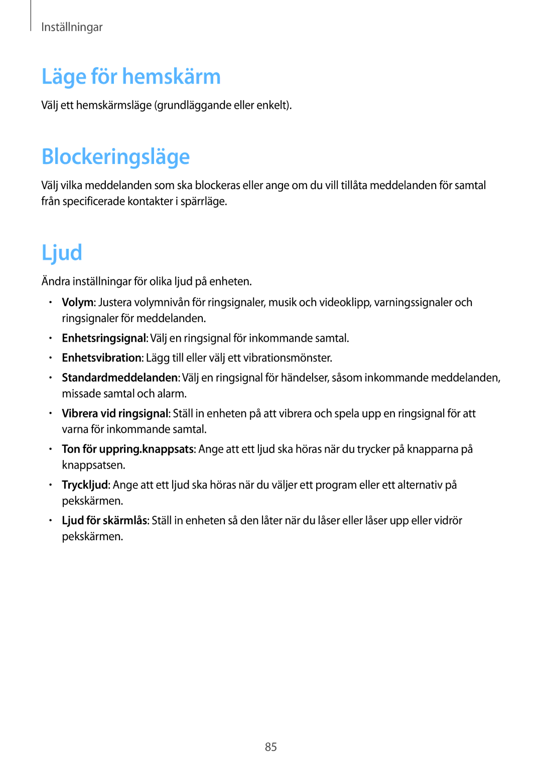 Samsung GT-S6310YBANEE, GT-S6310ZWANEE, GT-S6310DBANEE, GT-S6310MSANEE manual Läge för hemskärm, Blockeringsläge, Ljud 