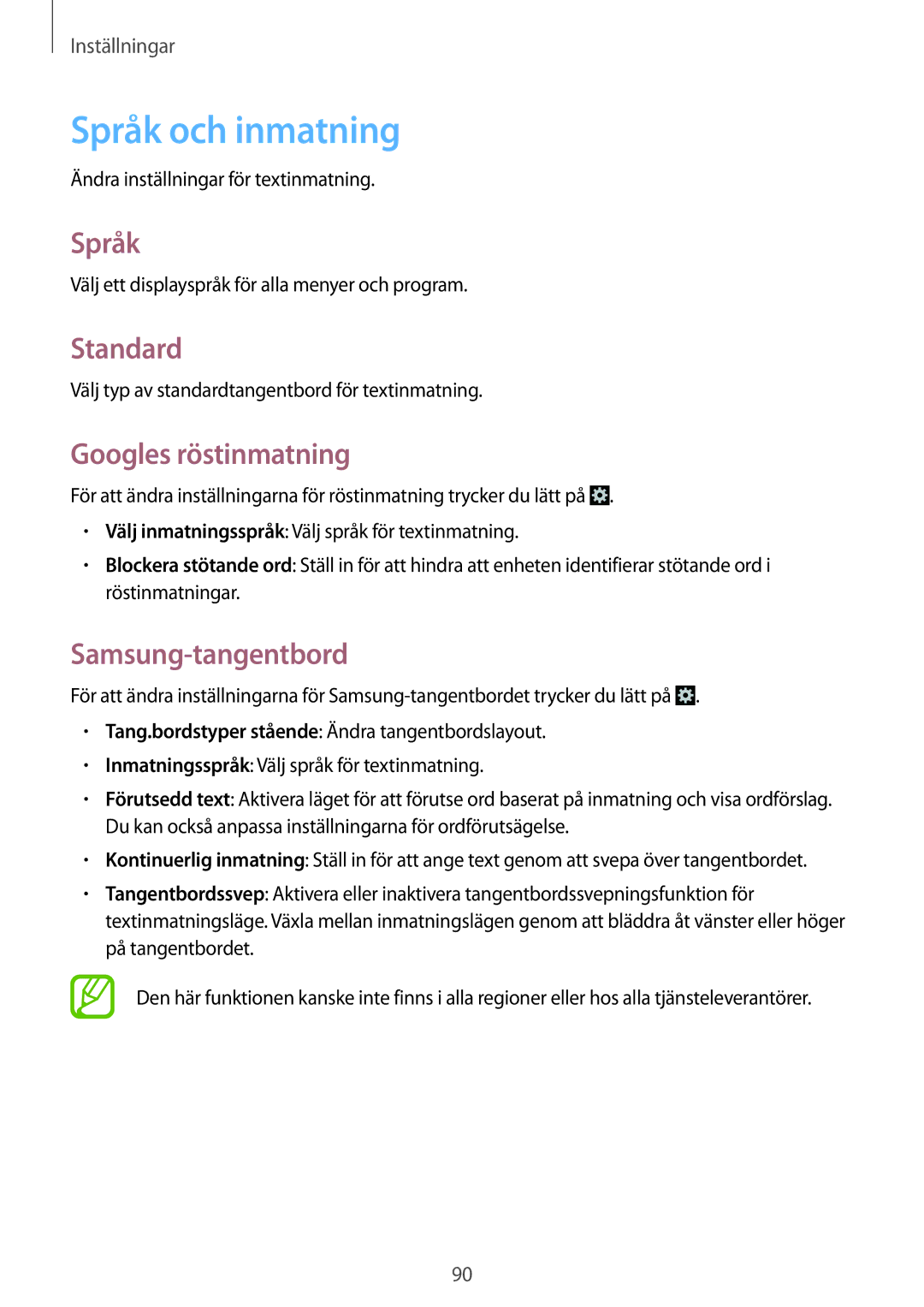 Samsung GT-S6310YBANEE, GT-S6310ZWANEE manual Språk och inmatning, Standard, Googles röstinmatning, Samsung-tangentbord 