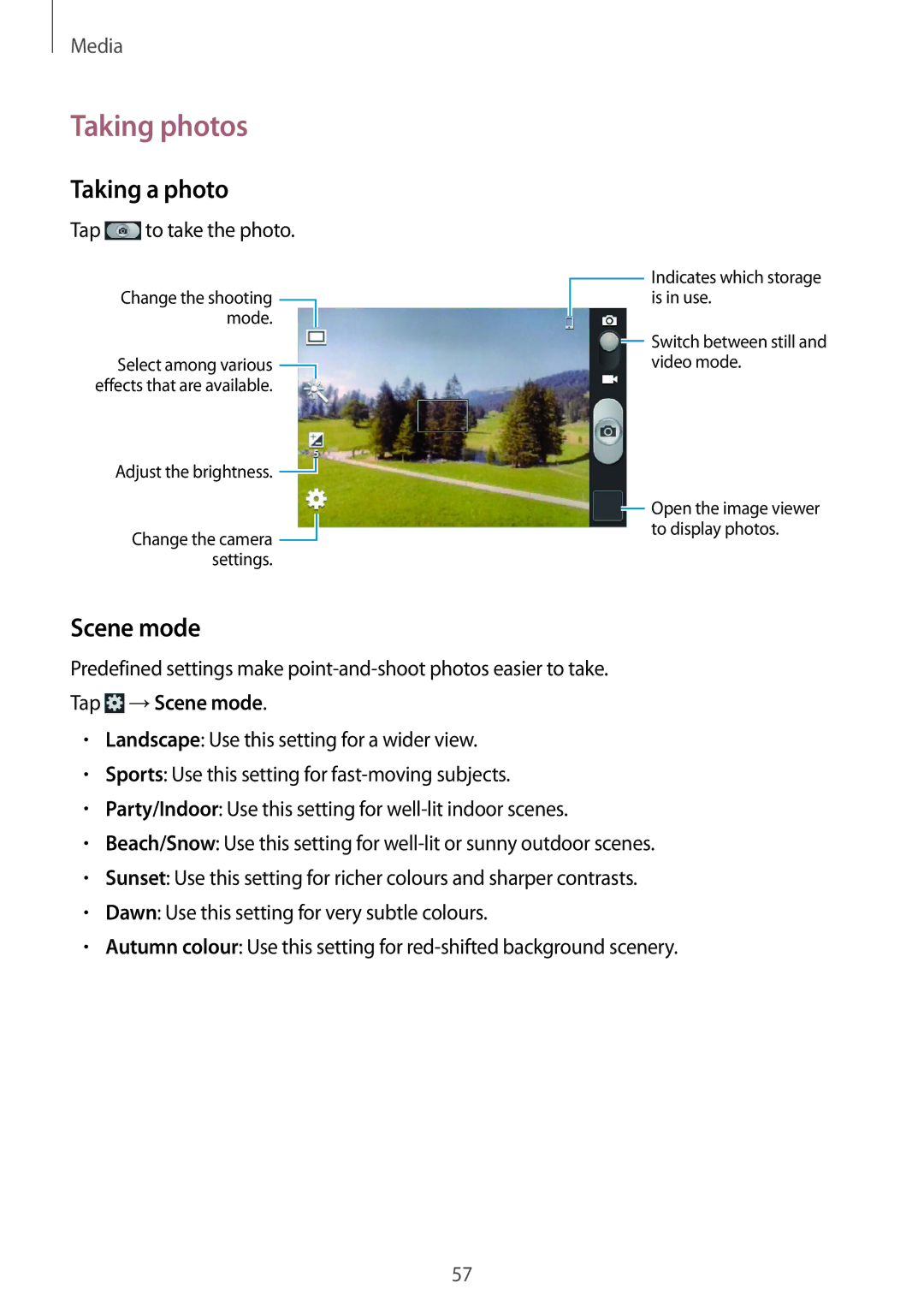 Samsung GT-S6310WRNETL, GT-S6310ZWNDTR, GT-S6310ZWNVID, GT-S6310DBNVDR manual Taking photos, Taking a photo, Scene mode 