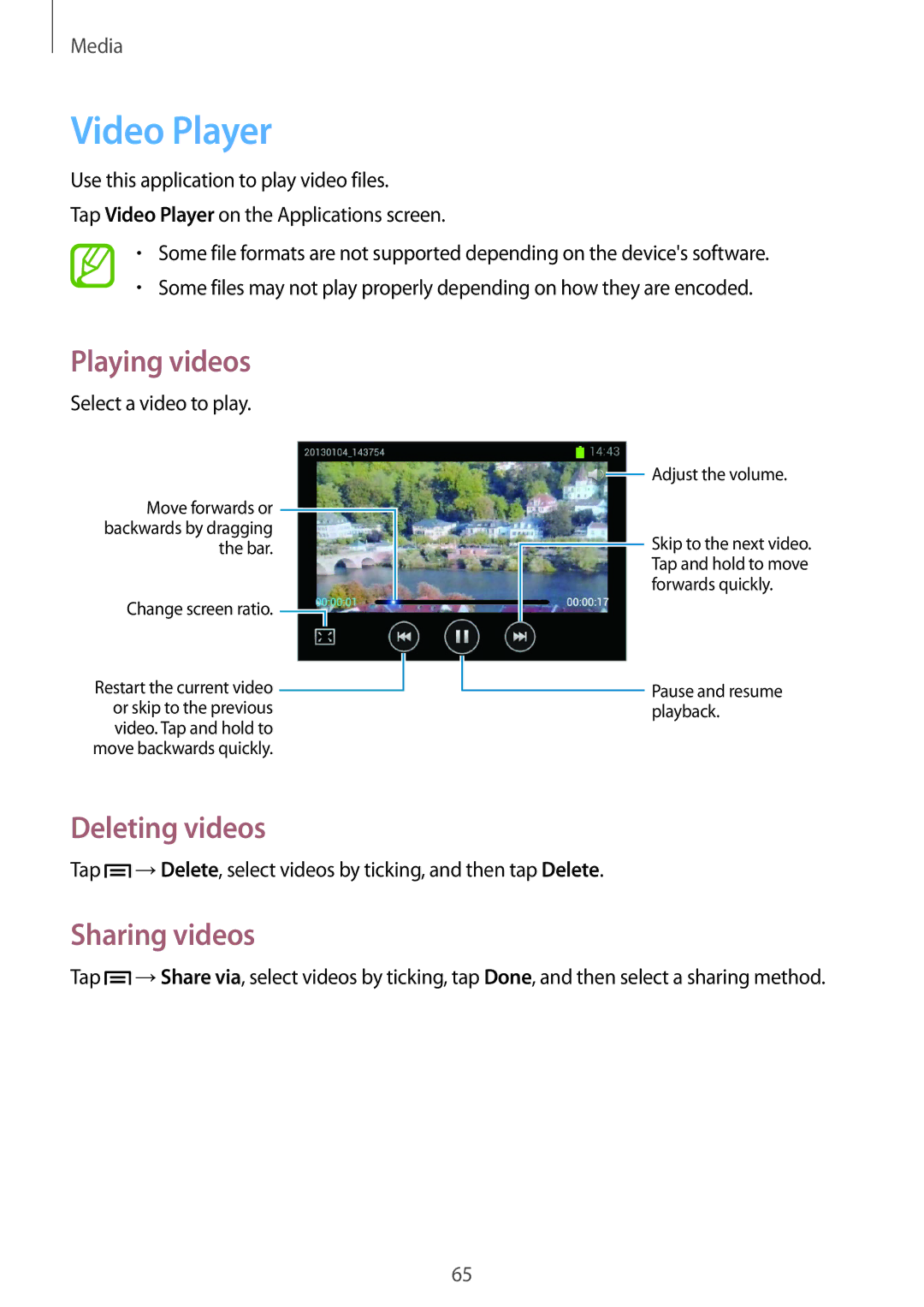 Samsung GT2S6310WRNETL, GT-S6310ZWNDTR, GT-S6310ZWNVID, GT-S6310DBNVDR manual Video Player, Deleting videos, Sharing videos 