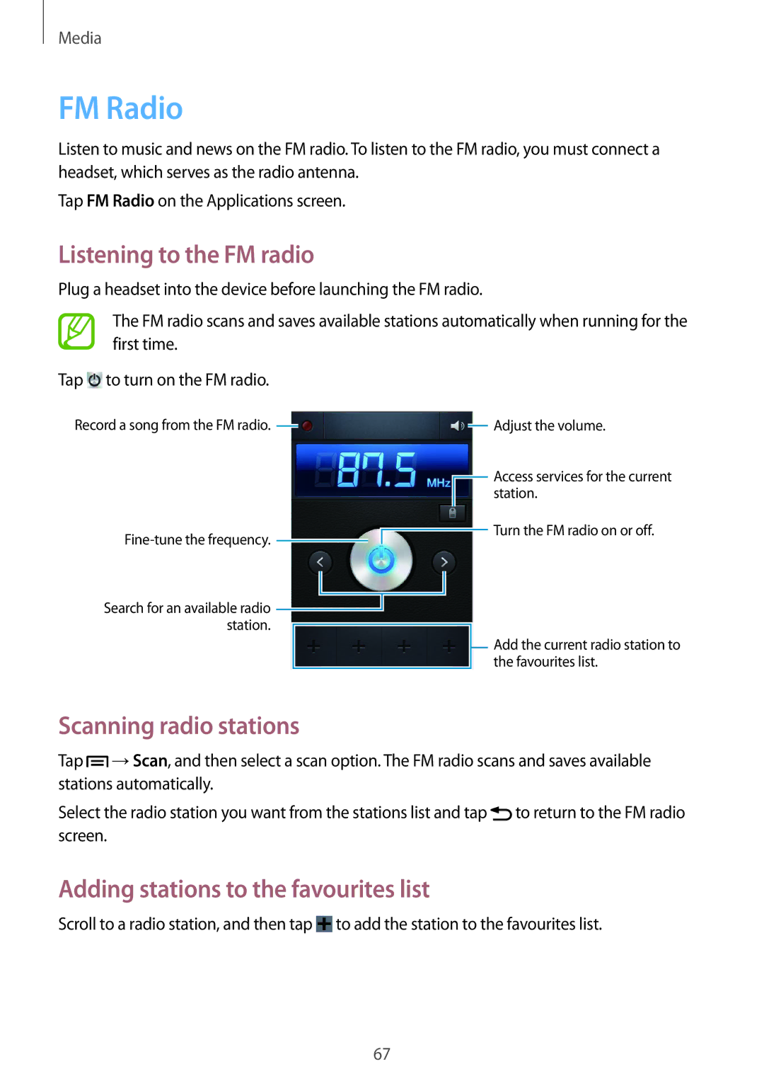 Samsung GT-S6310MSNORX, GT-S6310ZWNDTR, GT-S6310ZWNVID manual FM Radio, Listening to the FM radio, Scanning radio stations 