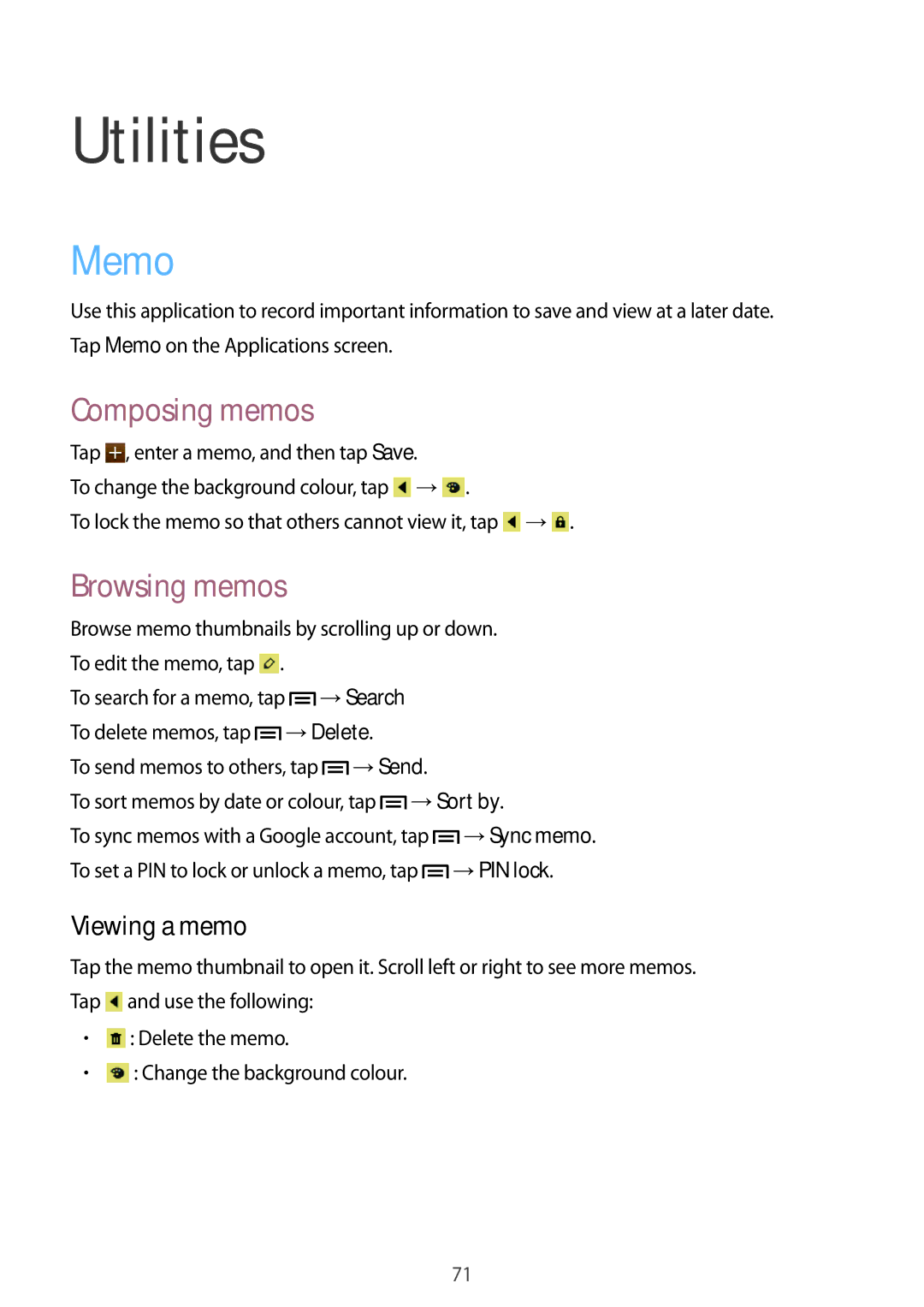 Samsung GT-S6310ZWNORS, GT-S6310ZWNDTR, GT-S6310ZWNVID Utilities, Memo, Composing memos, Browsing memos, Viewing a memo 