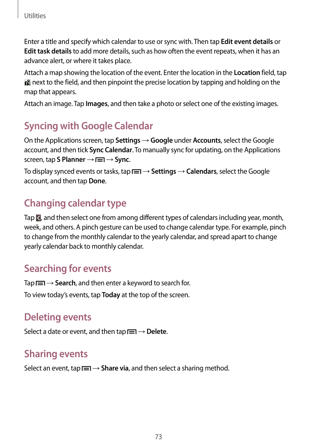 Samsung GT-S6310DBNETL manual Syncing with Google Calendar, Changing calendar type, Searching for events, Deleting events 