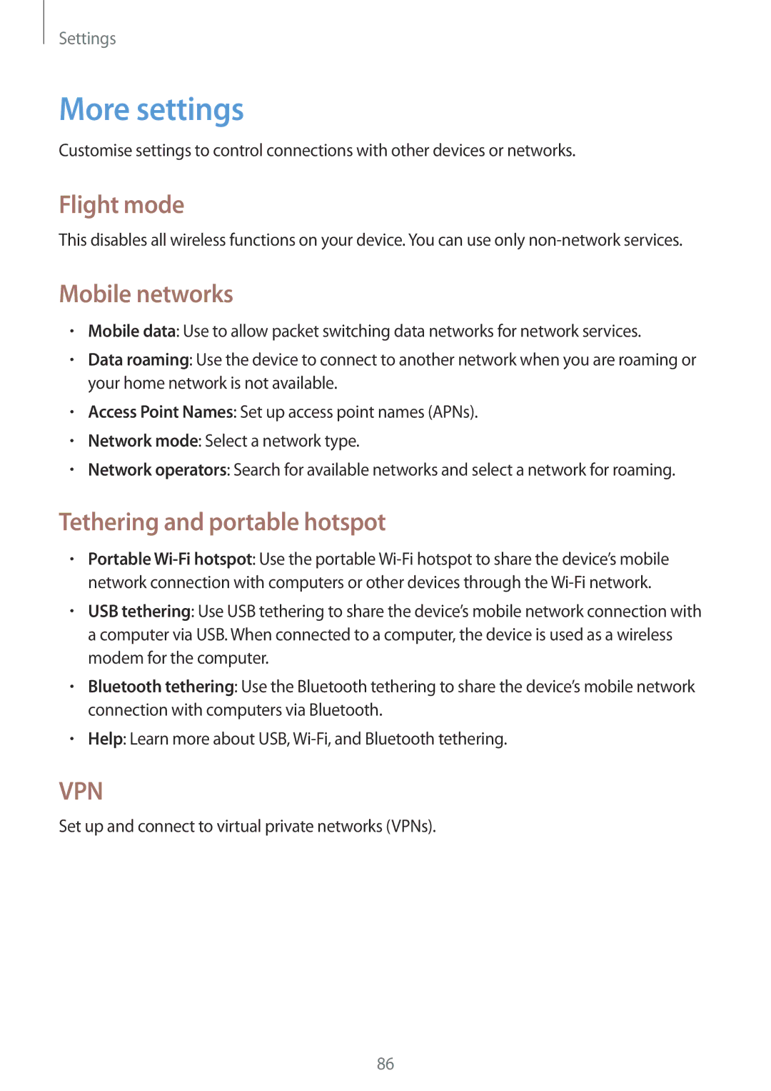 Samsung GT-S6310DBNTCL, GT-S6310ZWNDTR manual More settings, Flight mode, Mobile networks, Tethering and portable hotspot 