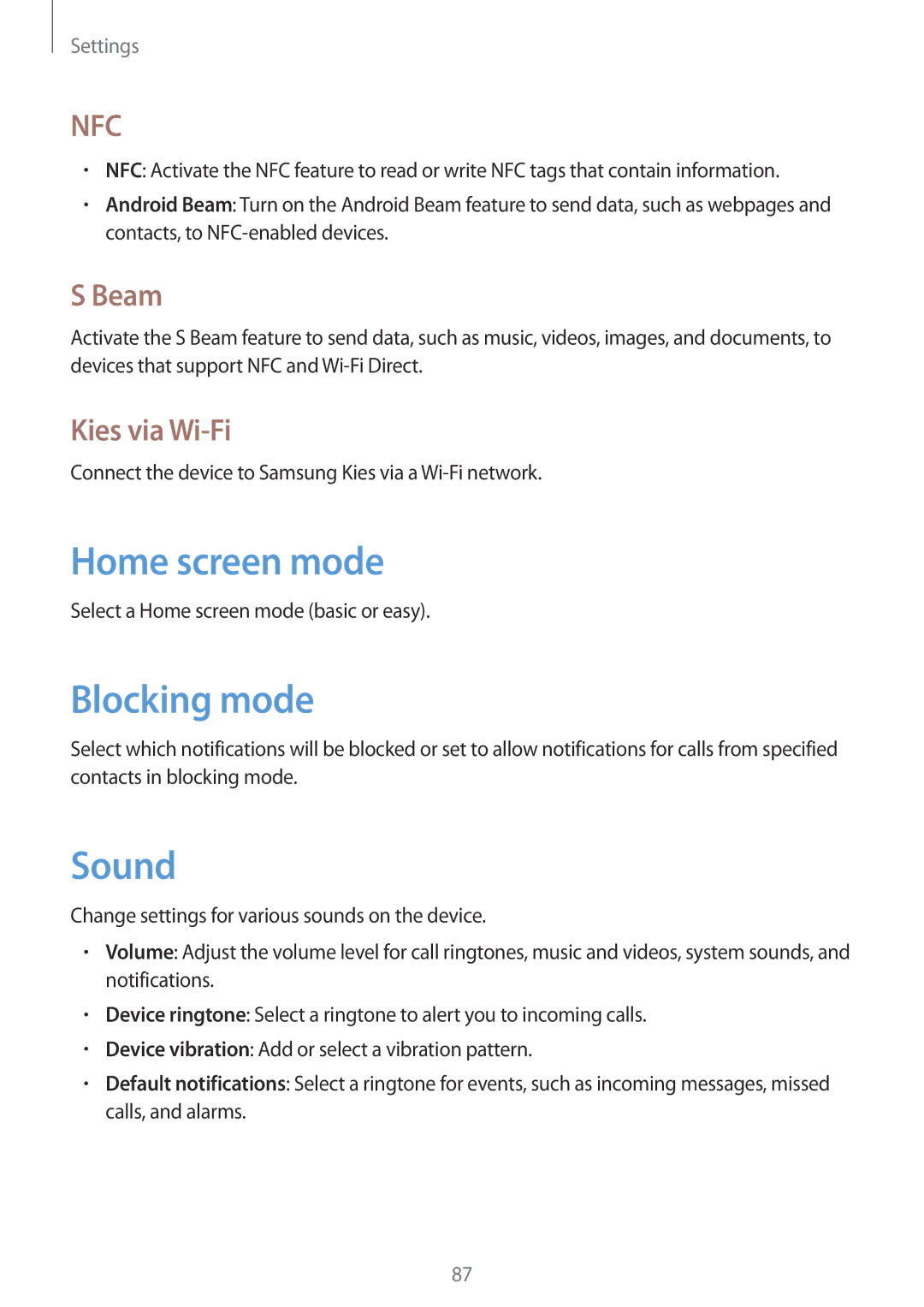 Samsung GT-S6310ZWNITV, GT-S6310ZWNDTR, GT-S6310ZWNVID manual Home screen mode, Blocking mode, Sound, Beam, Kies via Wi-Fi 