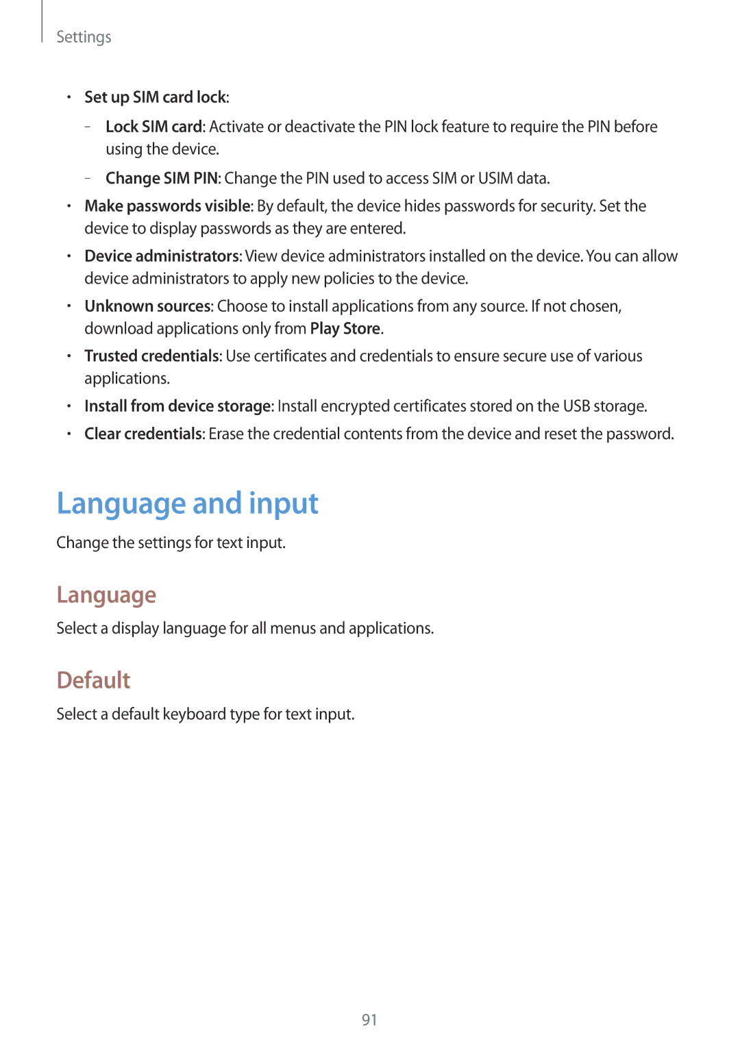 Samsung GT-S6310ZWNDBT, GT-S6310ZWNDTR, GT-S6310ZWNVID, GT-S6310DBNVDR Language and input, Default, Set up SIM card lock 