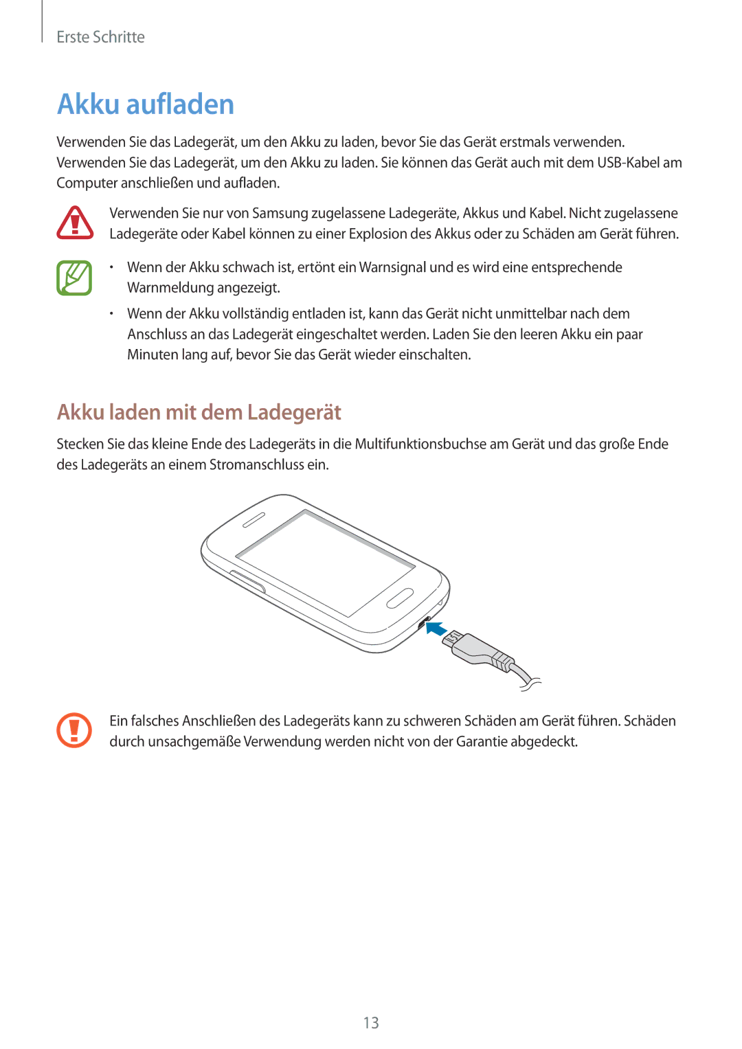 Samsung GT2S6310MSNDBT, GT-S6310ZWNDTR, GT-S6310ZWNVID, GT-S6310DBNVDR manual Akku aufladen, Akku laden mit dem Ladegerät 