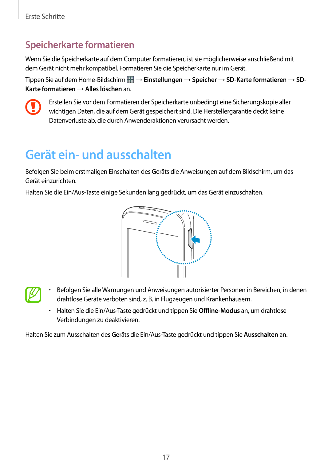 Samsung GT-S6310MSNTRG, GT-S6310ZWNDTR, GT-S6310ZWNVID, GT-S6310DBNVDR Gerät ein- und ausschalten, Speicherkarte formatieren 