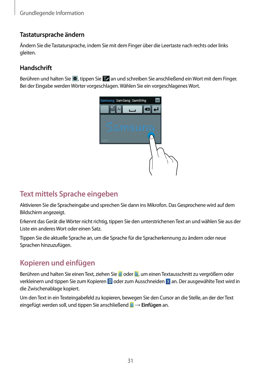 Samsung GT2S6310ZWNDBT manual Text mittels Sprache eingeben, Kopieren und einfügen, Tastatursprache ändern, Handschrift 