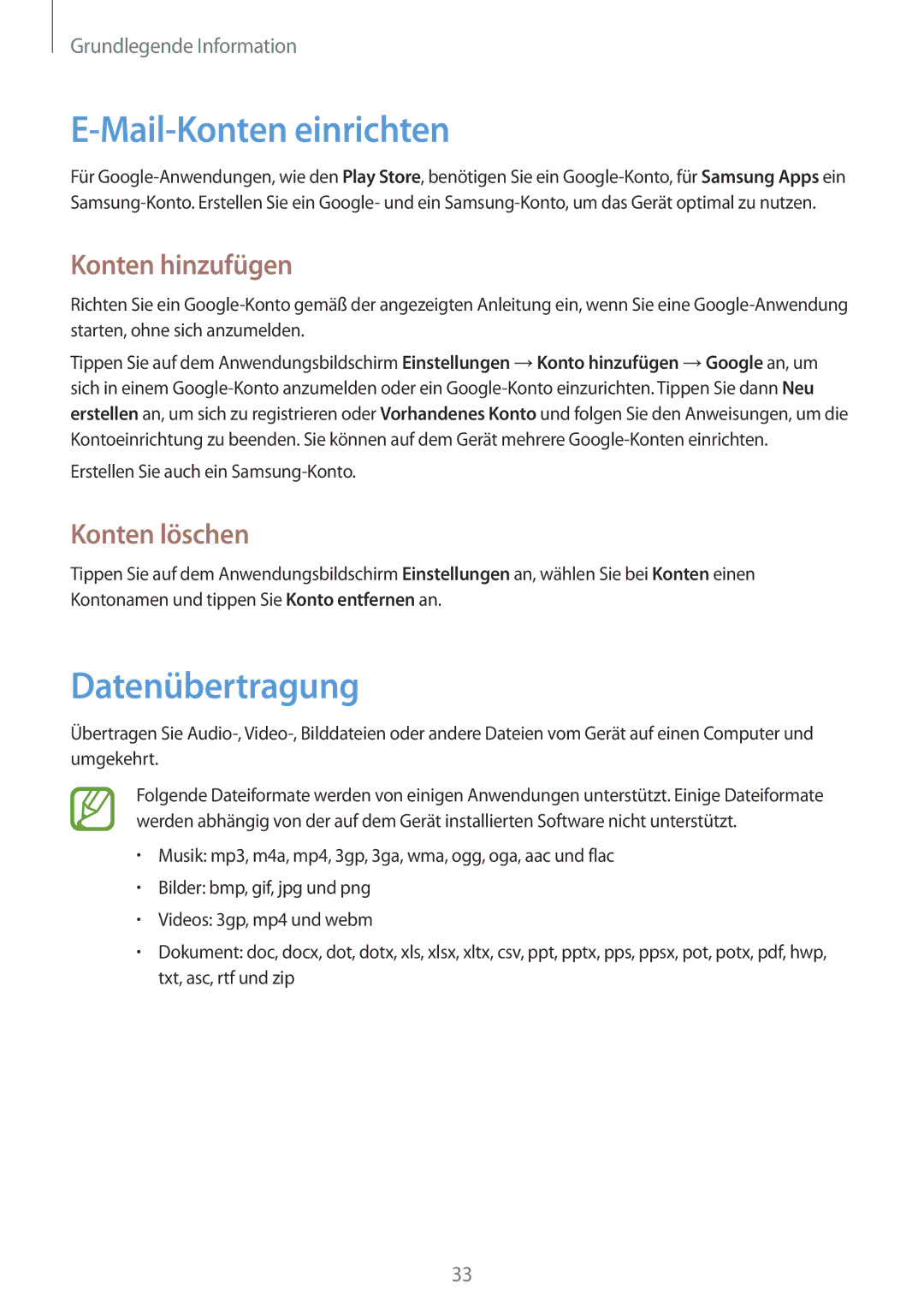 Samsung GT-S6310ZWNVDR, GT-S6310ZWNDTR manual Mail-Konten einrichten, Datenübertragung, Konten hinzufügen, Konten löschen 
