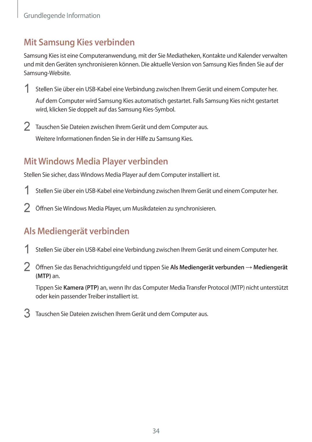 Samsung GT-S6310ZWNTPL manual Mit Samsung Kies verbinden, Mit Windows Media Player verbinden, Als Mediengerät verbinden 