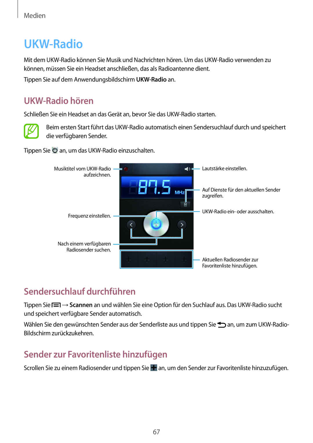 Samsung GT-S6310WRNTCL manual UKW-Radio hören, Sendersuchlauf durchführen, Sender zur Favoritenliste hinzufügen 