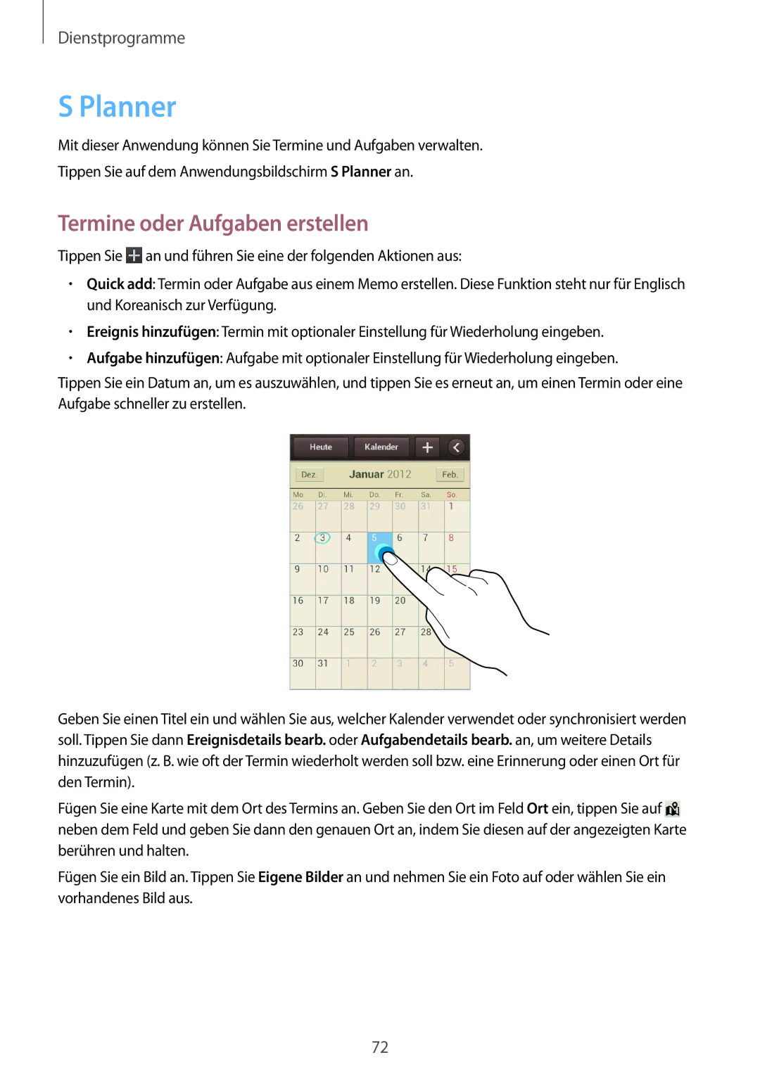 Samsung GT-S6310ZWNDTR, GT-S6310ZWNVID, GT-S6310DBNVDR, GT2S6310DBNDBT manual Planner, Termine oder Aufgaben erstellen 