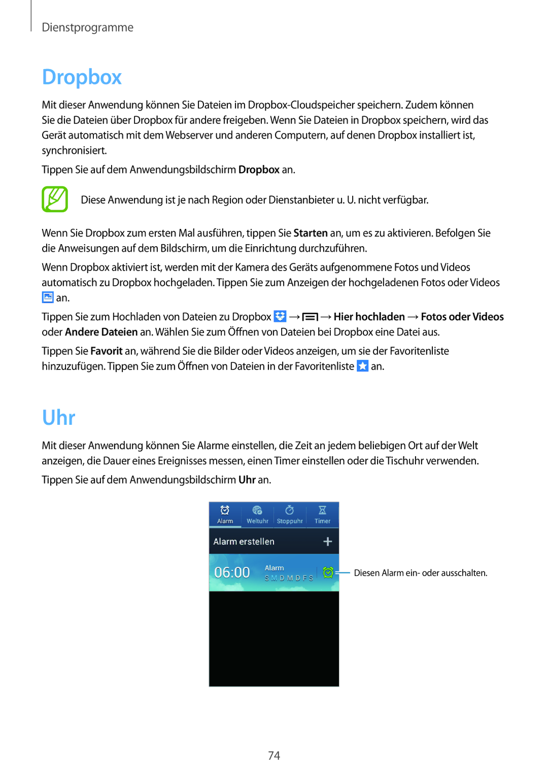 Samsung GT-S6310DBNVDR, GT-S6310ZWNDTR, GT-S6310ZWNVID, GT2S6310DBNDBT, GT-S6310ZWNVIA, GT-S6310MSNITV manual Dropbox, Uhr 