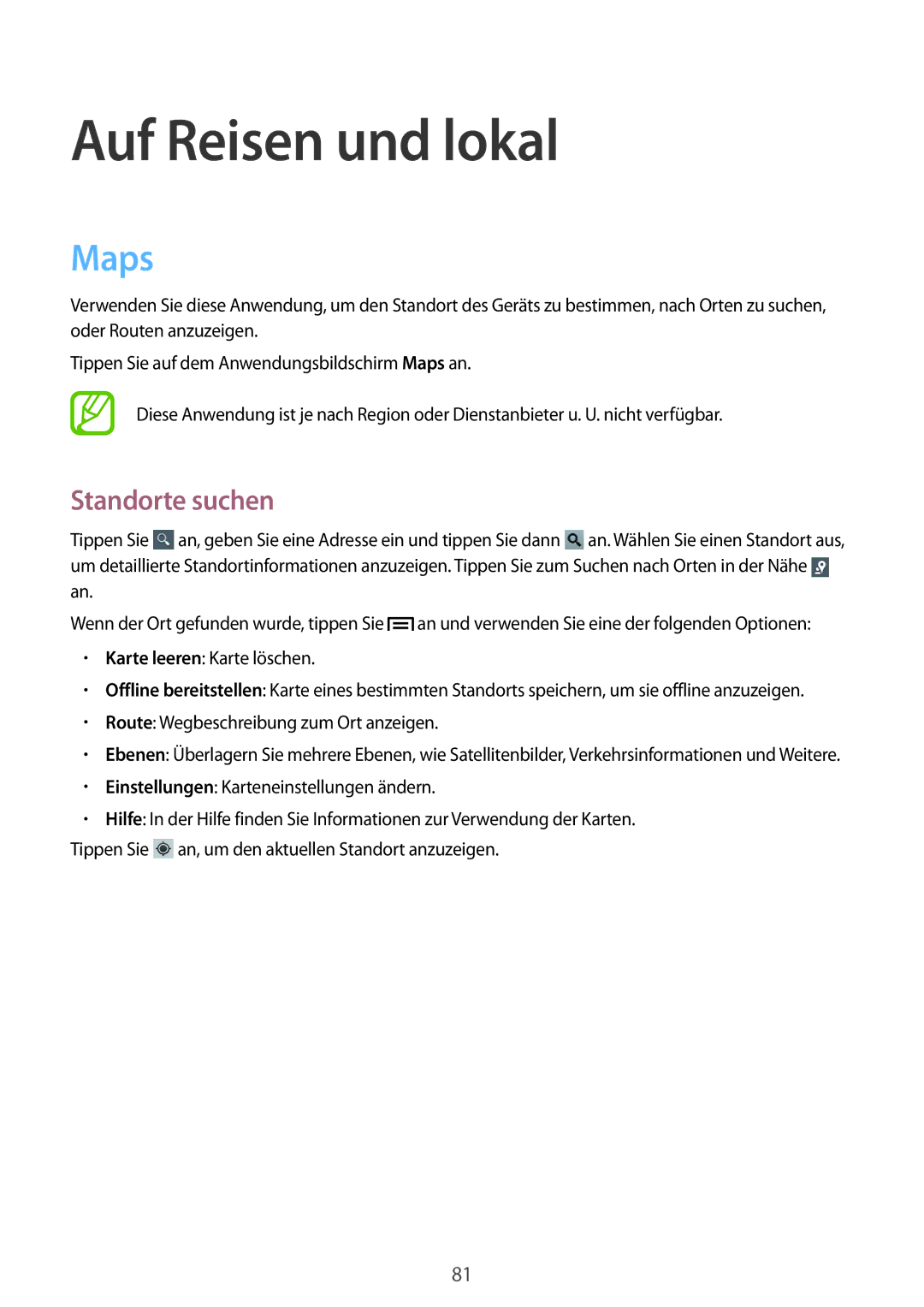 Samsung GT-S6310ZWNVDR, GT-S6310ZWNDTR, GT-S6310ZWNVID, GT-S6310DBNVDR manual Auf Reisen und lokal, Maps, Standorte suchen 