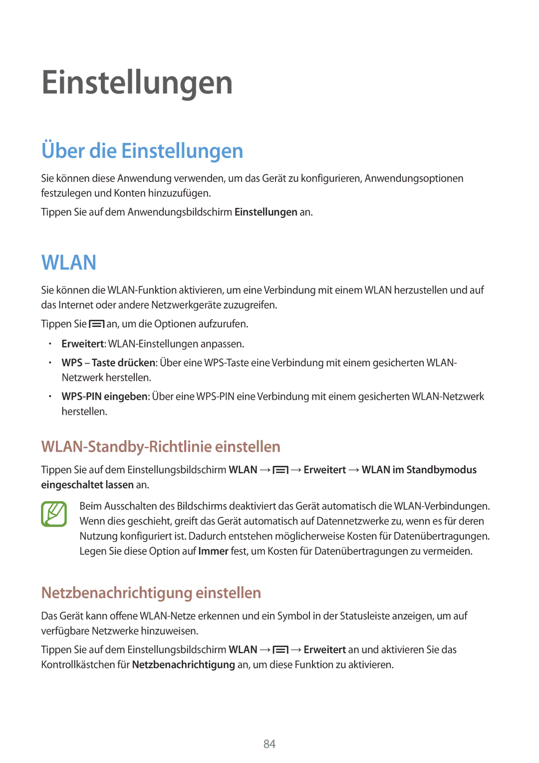 Samsung GT-S6310ZWNITV Über die Einstellungen, WLAN-Standby-Richtlinie einstellen, Netzbenachrichtigung einstellen 