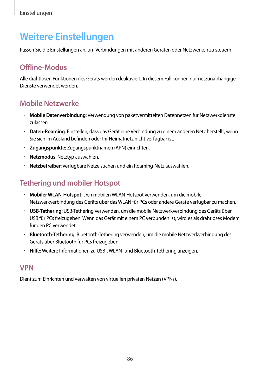 Samsung GT2S6310DBNDTM manual Weitere Einstellungen, Offline-Modus, Mobile Netzwerke, Tethering und mobiler Hotspot 