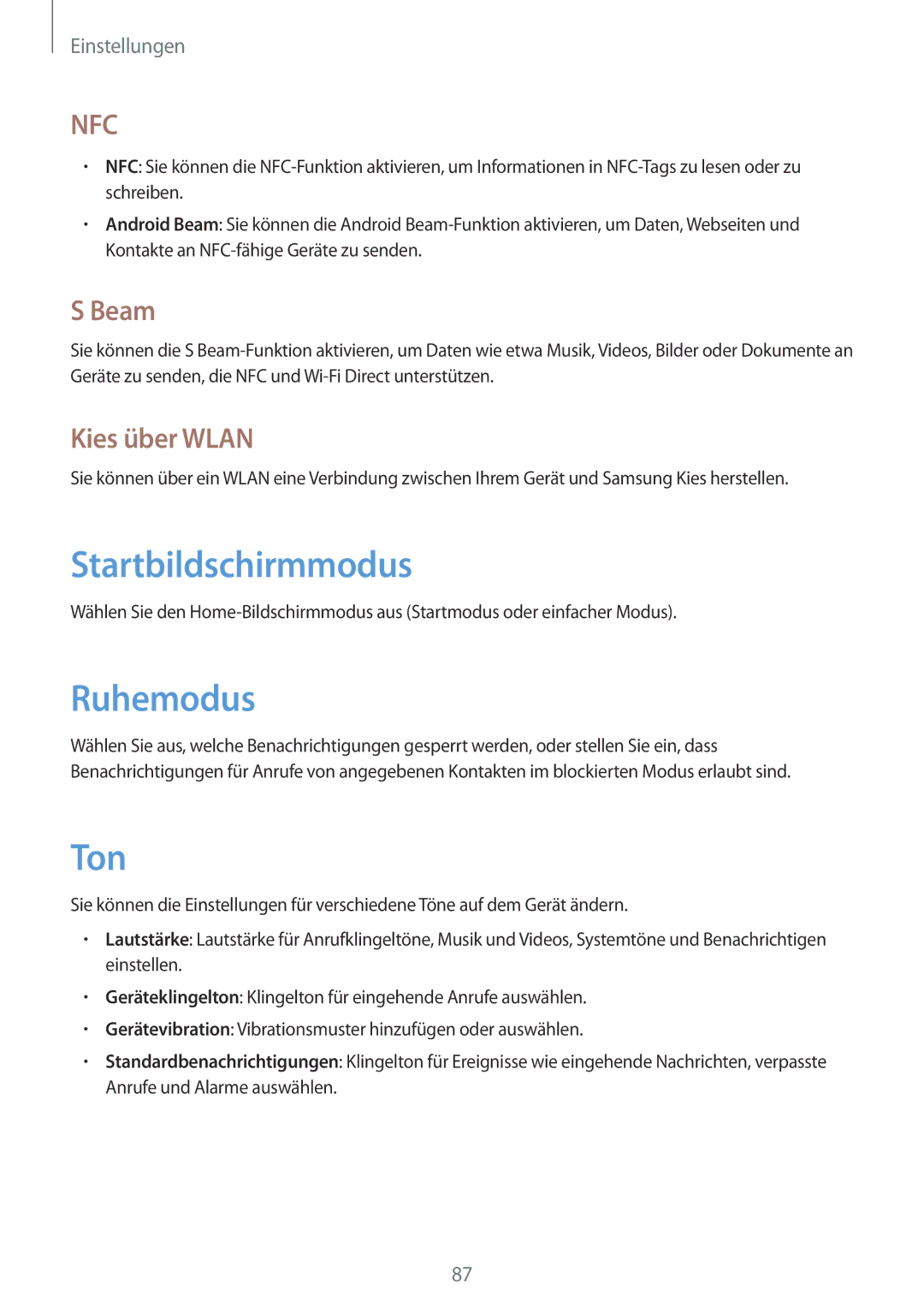 Samsung GT-S6310ZWNWIN, GT-S6310ZWNDTR, GT-S6310ZWNVID manual Startbildschirmmodus, Ruhemodus, Ton, Beam, Kies über Wlan 