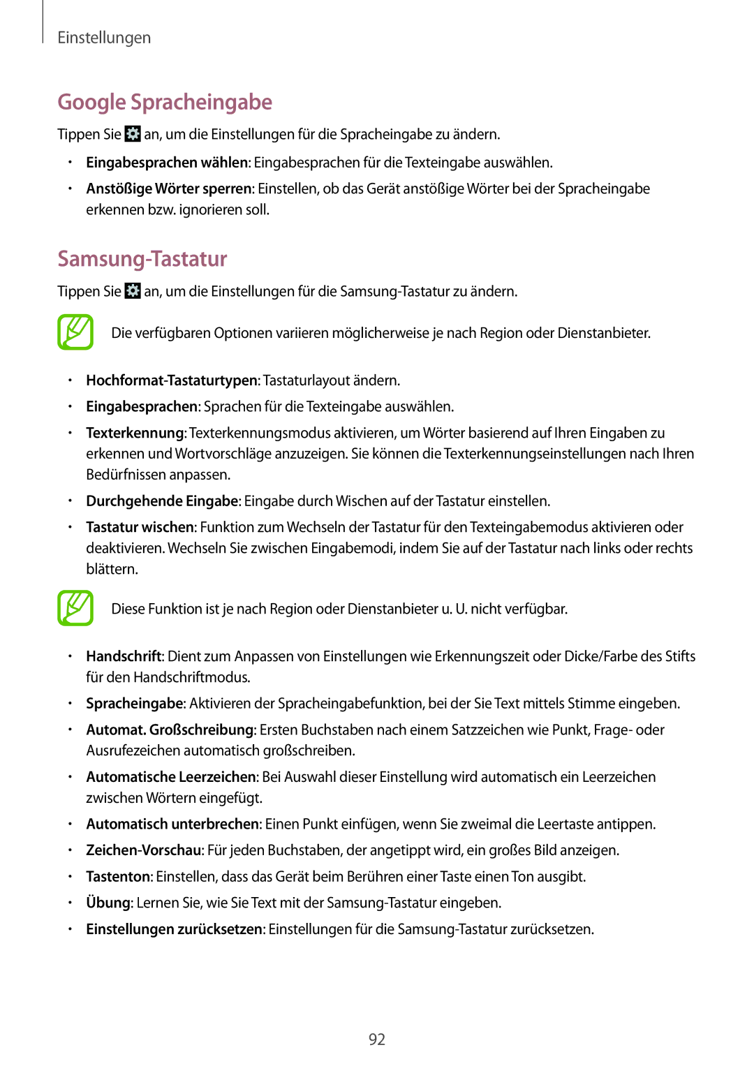 Samsung GT-S6310MSNTCL manual Google Spracheingabe, Samsung-Tastatur, Hochformat-Tastaturtypen Tastaturlayout ändern 