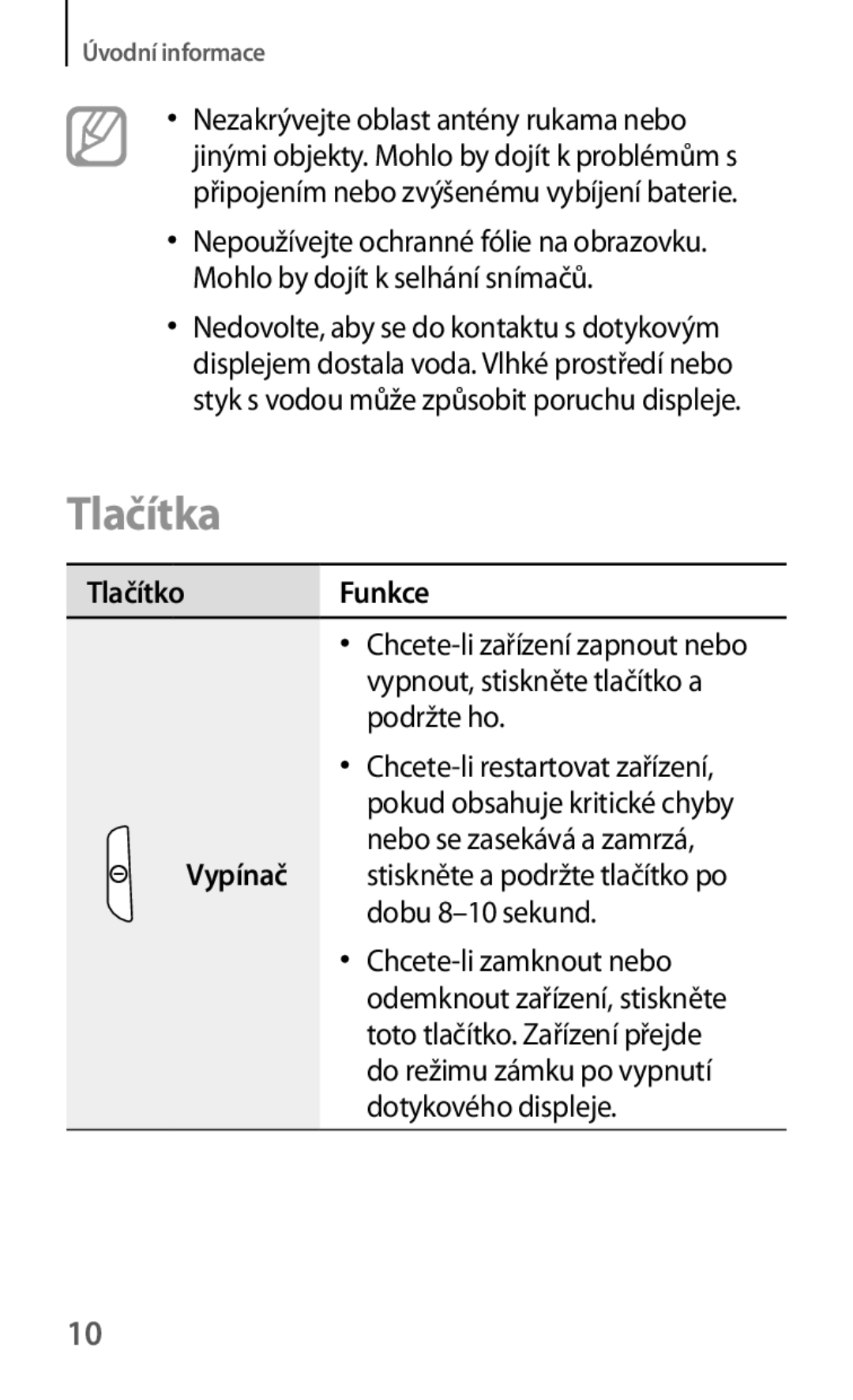 Samsung GT2S6310DBNORS, GT-S6310ZWNTPL Tlačítka, Tlačítko Funkce, Vypínač stiskněte a podržte tlačítko po dobu 8-10 sekund 