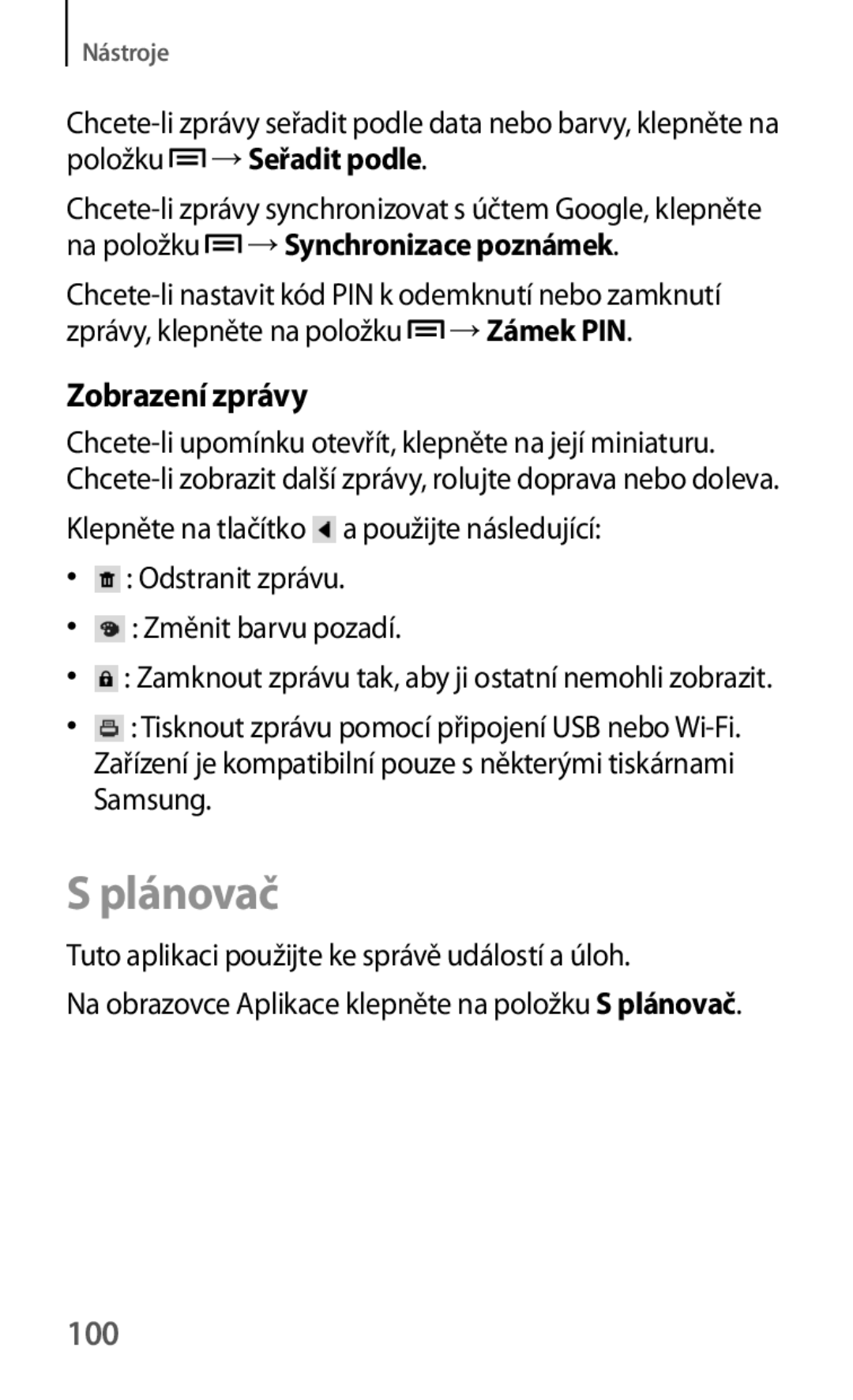 Samsung GT-S6310DBNTMZ, GT-S6310ZWNTPL Plánovač, Zobrazení zprávy, 100, Tuto aplikaci použijte ke správě událostí a úloh 