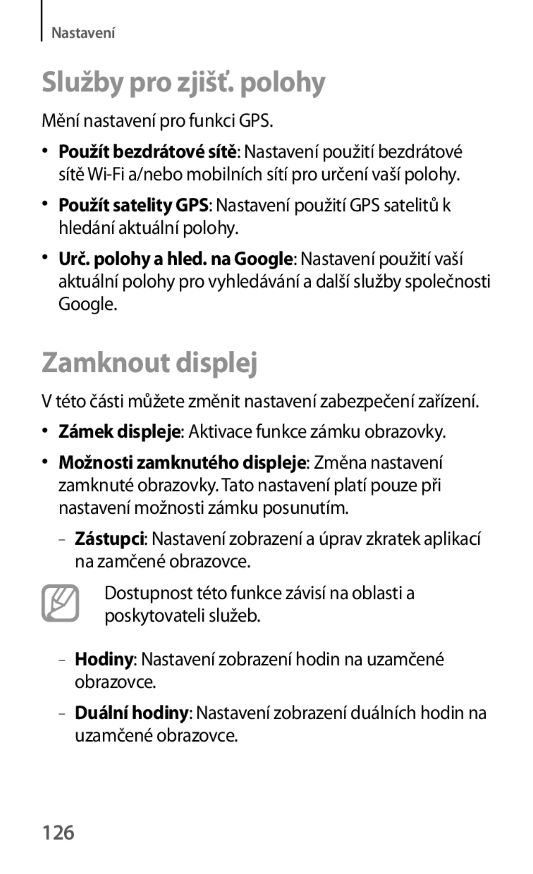 Samsung GT-S6310MSNMAX, GT-S6310ZWNTPL manual Služby pro zjišť. polohy, Zamknout displej, 126, Mění nastavení pro funkci GPS 