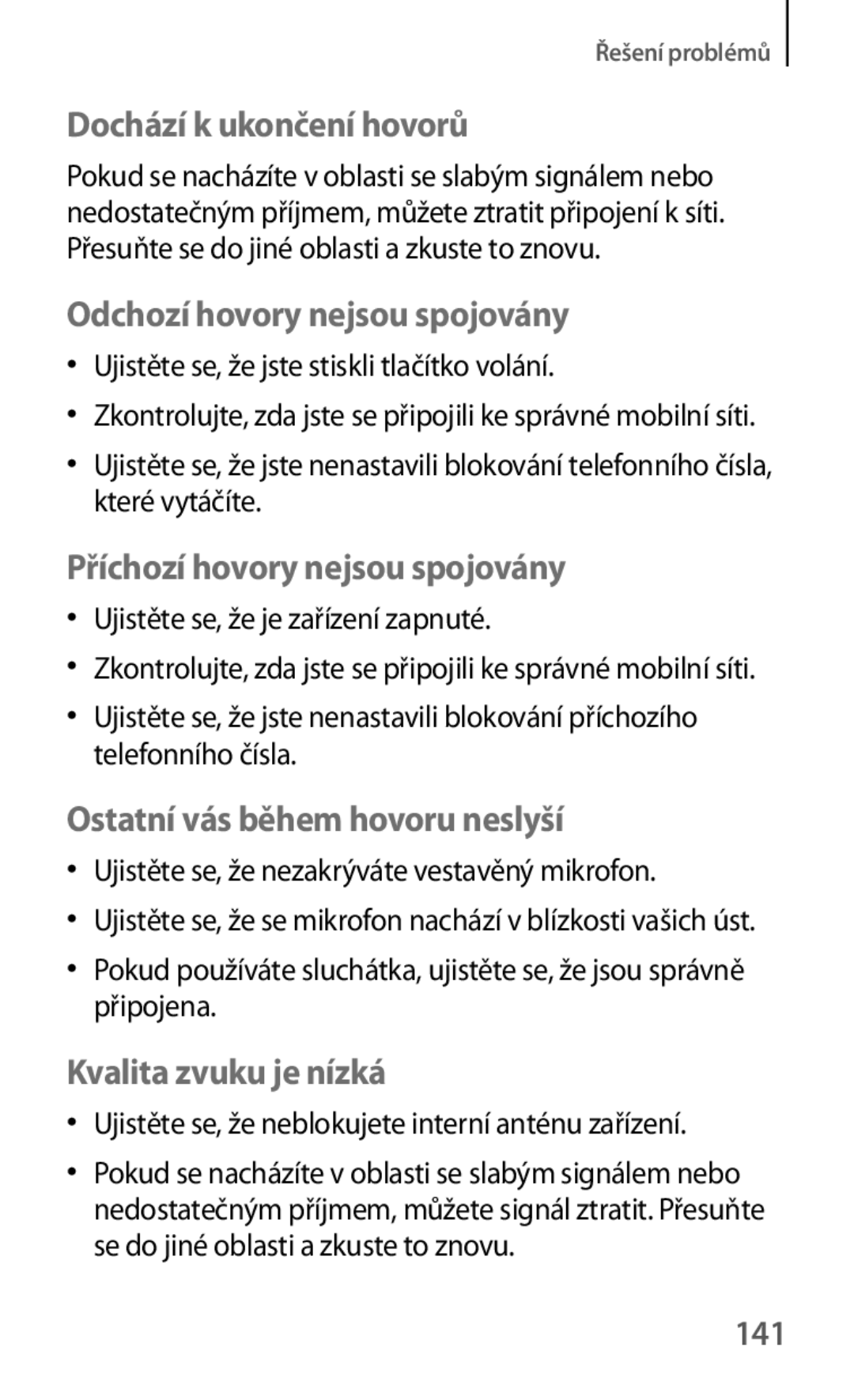 Samsung GT2S6310MSNORX manual 141, Ujistěte se, že jste stiskli tlačítko volání, Ujistěte se, že je zařízení zapnuté 