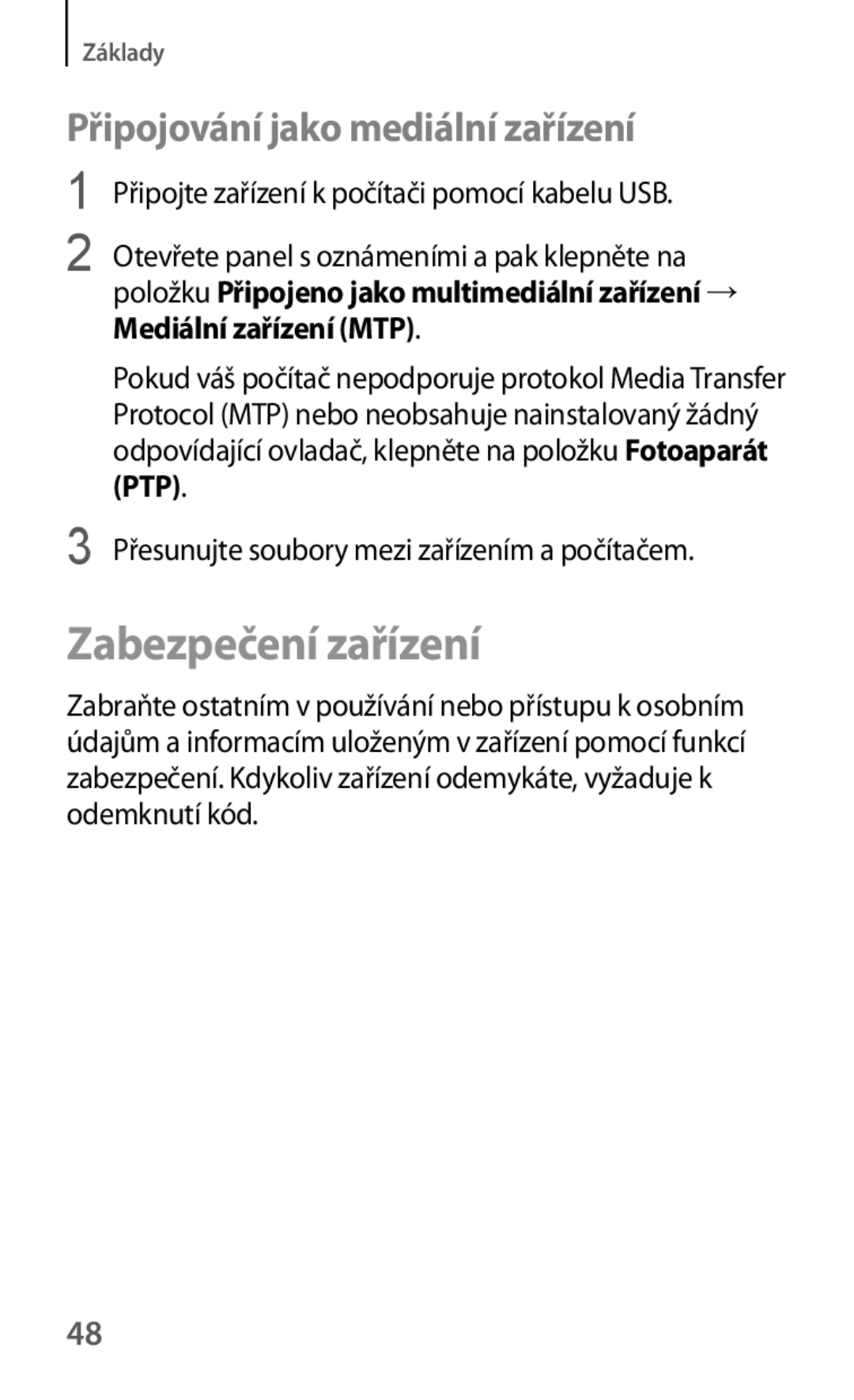 Samsung GT2S6310DBNORS, GT-S6310ZWNTPL, GT-S6310MSNTRG manual Zabezpečení zařízení, Připojování jako mediální zařízení 