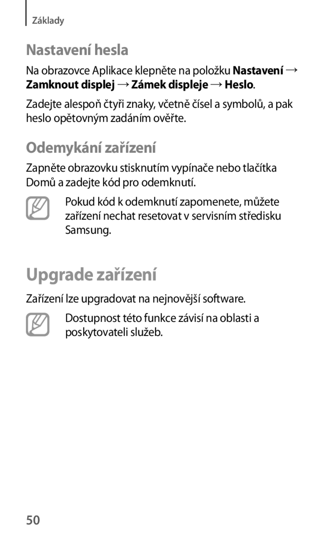 Samsung GT-S6310MSNMAX, GT-S6310ZWNTPL, GT-S6310MSNTRG, GT2S6310ZWNTMS Upgrade zařízení, Nastavení hesla, Odemykání zařízení 