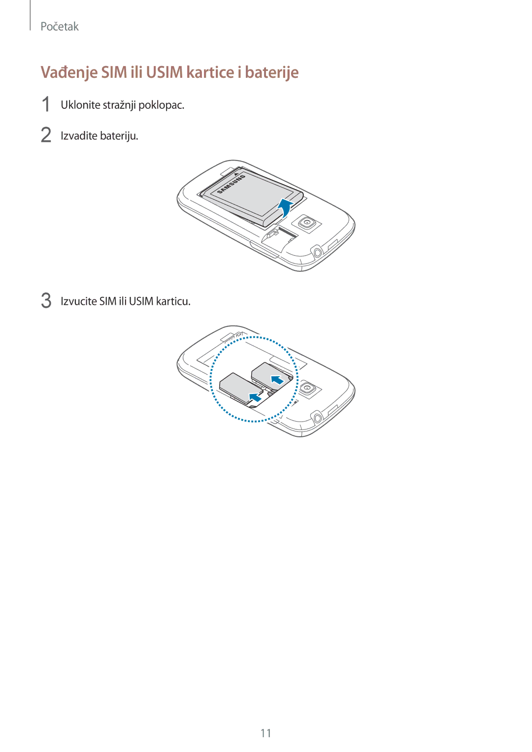 Samsung GT-S6312DBATRA, GT-S6312WRATRA, GT2S6312DBATRA, GT2S6312WRATRA manual Vađenje SIM ili Usim kartice i baterije 
