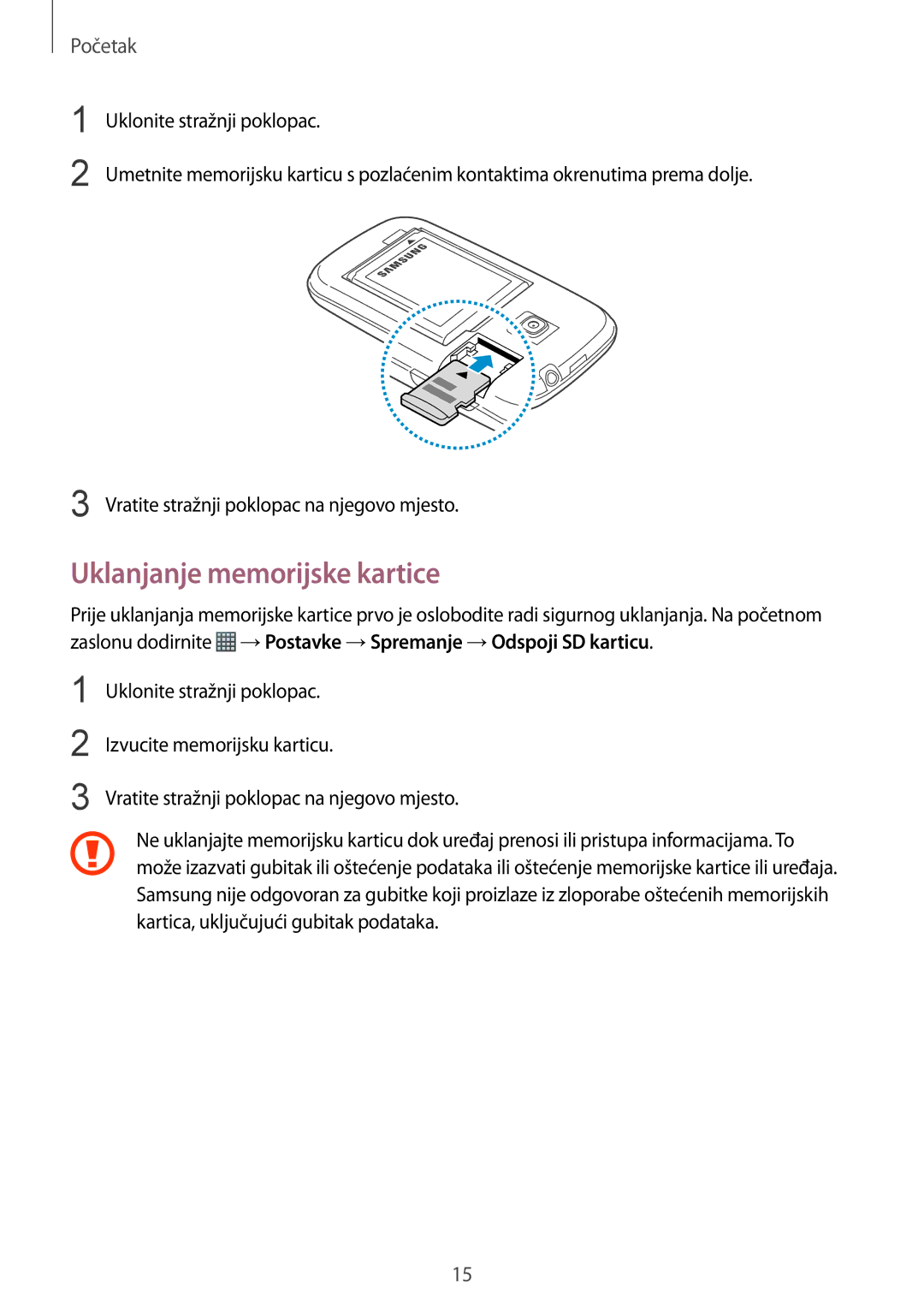 Samsung GT-S6312DBATRA, GT-S6312WRATRA, GT2S6312DBATRA, GT2S6312WRATRA manual Uklanjanje memorijske kartice 