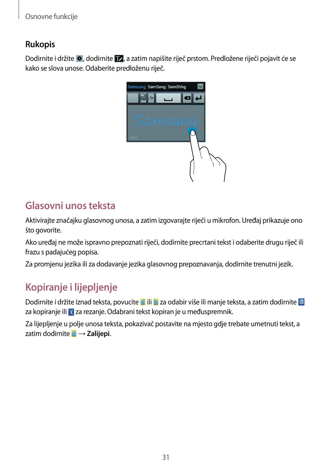 Samsung GT-S6312DBATRA, GT-S6312WRATRA, GT2S6312DBATRA manual Glasovni unos teksta, Kopiranje i lijepljenje, Rukopis 