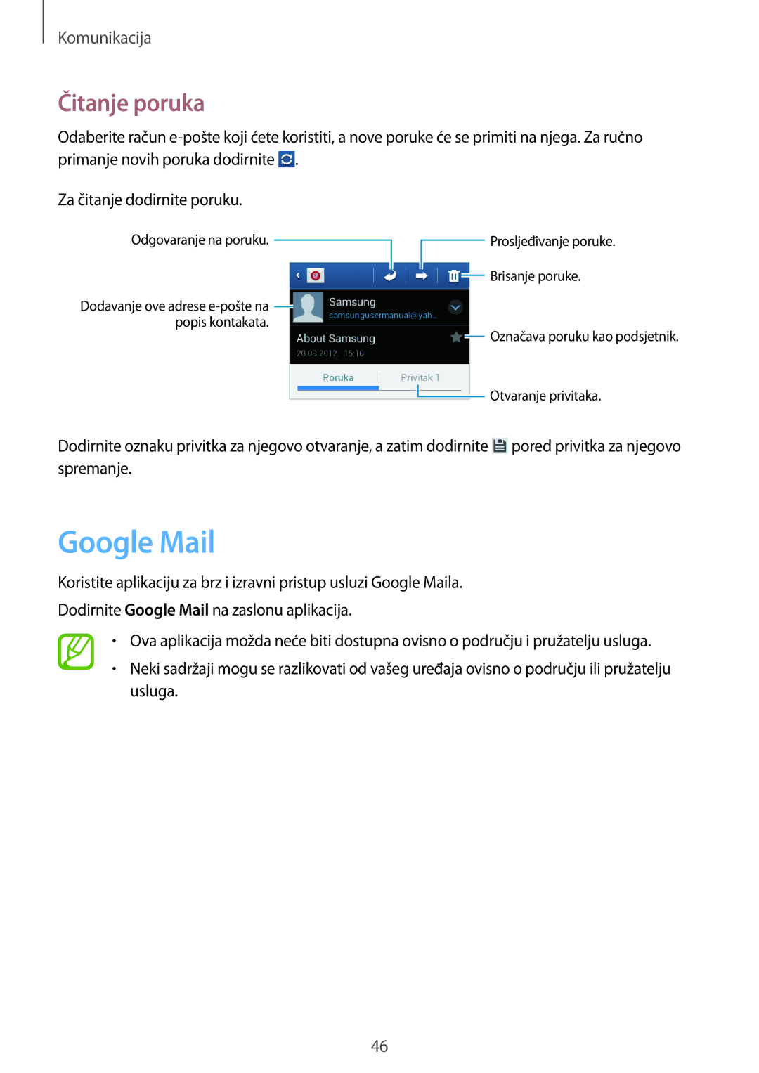 Samsung GT2S6312WRATRA, GT-S6312WRATRA, GT2S6312DBATRA, GT-S6312DBATRA manual Google Mail, Čitanje poruka 
