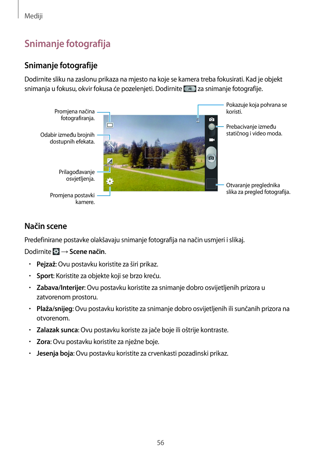 Samsung GT-S6312WRATRA, GT2S6312DBATRA, GT2S6312WRATRA manual Snimanje fotografija, Snimanje fotografije, Način scene 