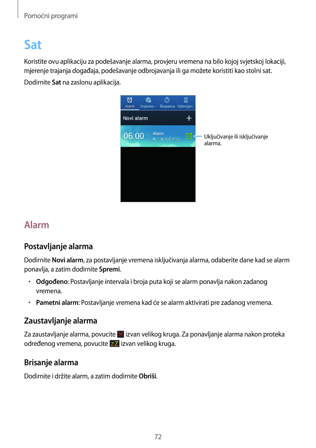 Samsung GT-S6312WRATRA, GT2S6312DBATRA manual Sat, Alarm, Postavljanje alarma, Zaustavljanje alarma, Brisanje alarma 