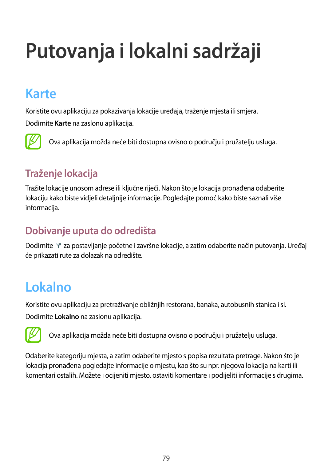 Samsung GT-S6312DBATRA manual Putovanja i lokalni sadržaji, Karte, Lokalno, Traženje lokacija, Dobivanje uputa do odredišta 