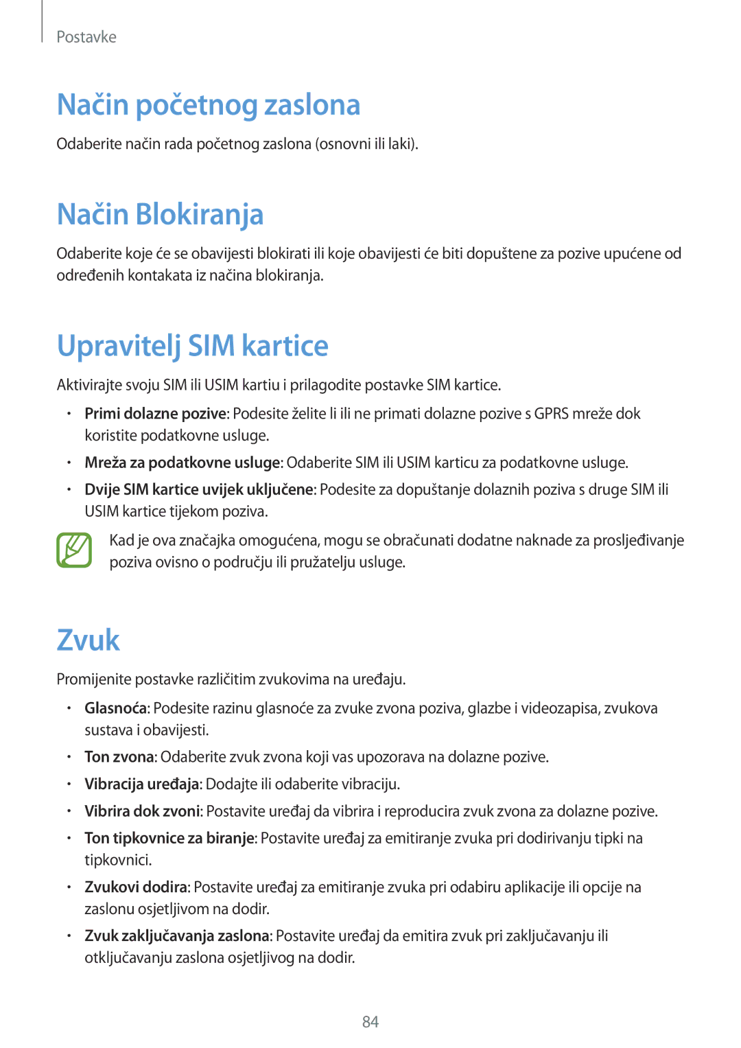 Samsung GT-S6312WRATRA, GT2S6312DBATRA manual Način početnog zaslona, Način Blokiranja, Upravitelj SIM kartice, Zvuk 