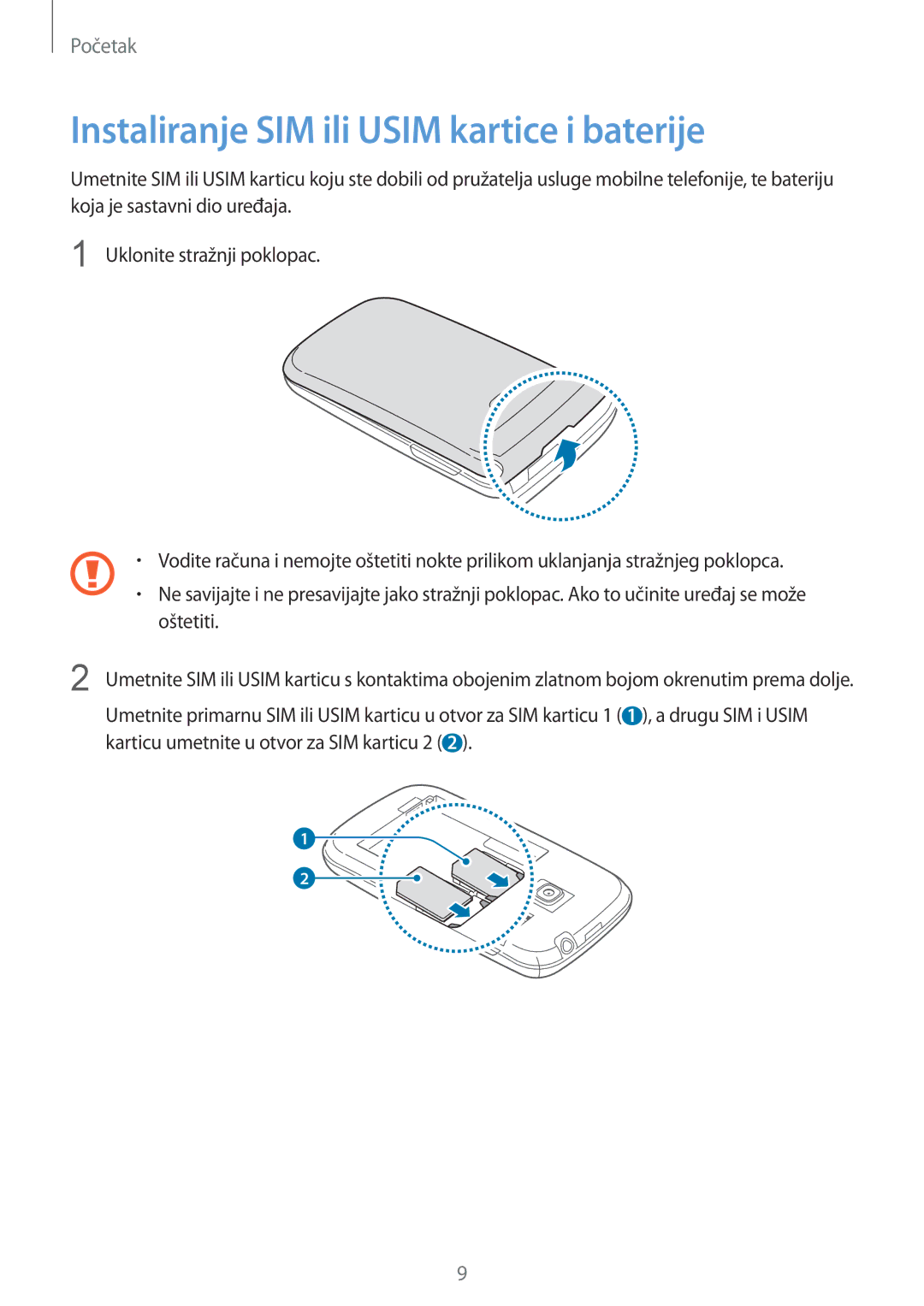 Samsung GT2S6312DBATRA, GT-S6312WRATRA, GT2S6312WRATRA, GT-S6312DBATRA manual Instaliranje SIM ili Usim kartice i baterije 