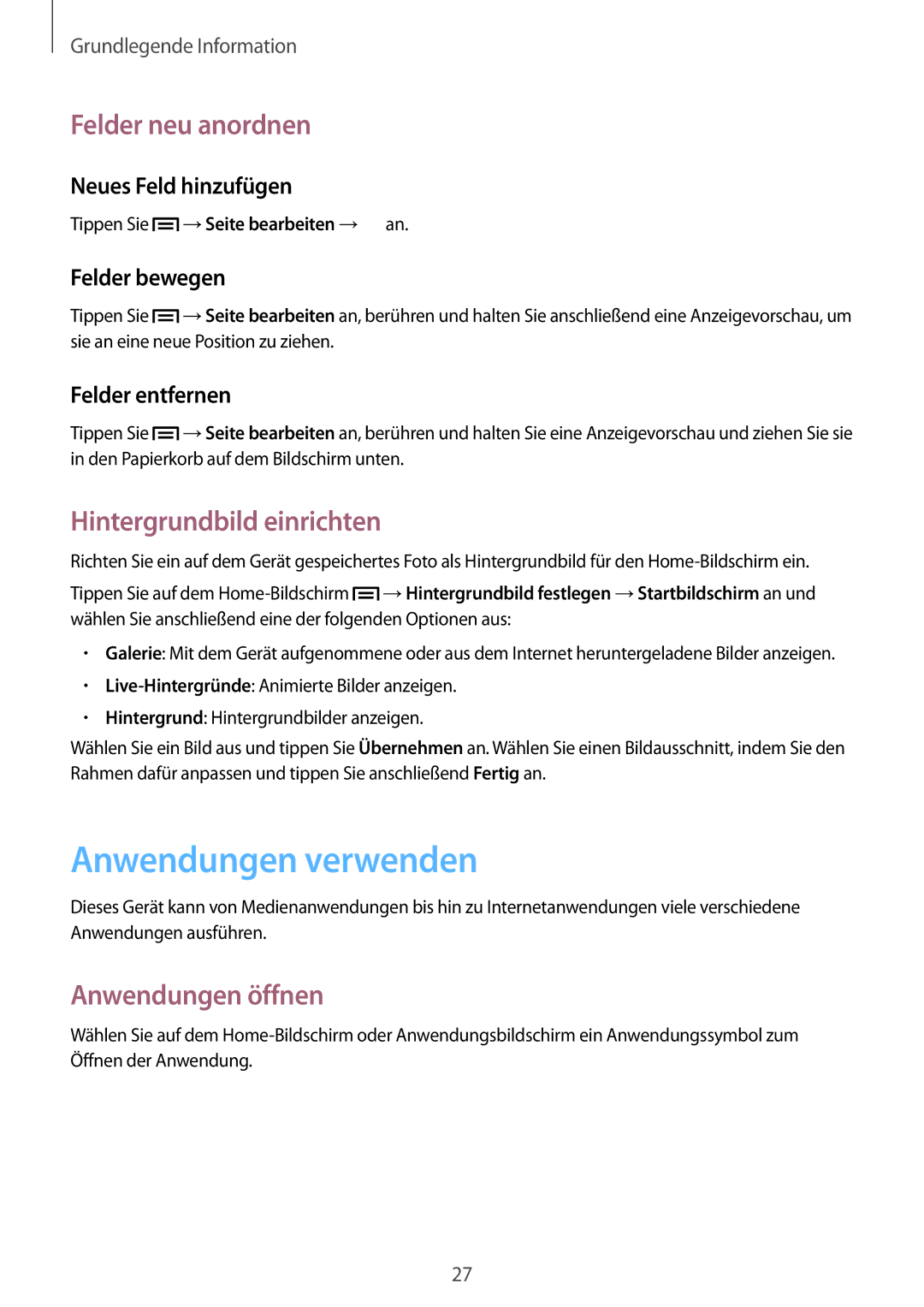 Samsung GT-S6312DBADBT manual Anwendungen verwenden, Felder neu anordnen, Hintergrundbild einrichten, Anwendungen öffnen 