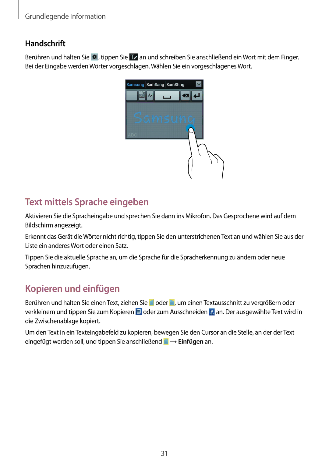 Samsung GT2S6312ZWADBT, GT-S6312ZWATPH, GT2S6312DBADBT Text mittels Sprache eingeben, Kopieren und einfügen, Handschrift 