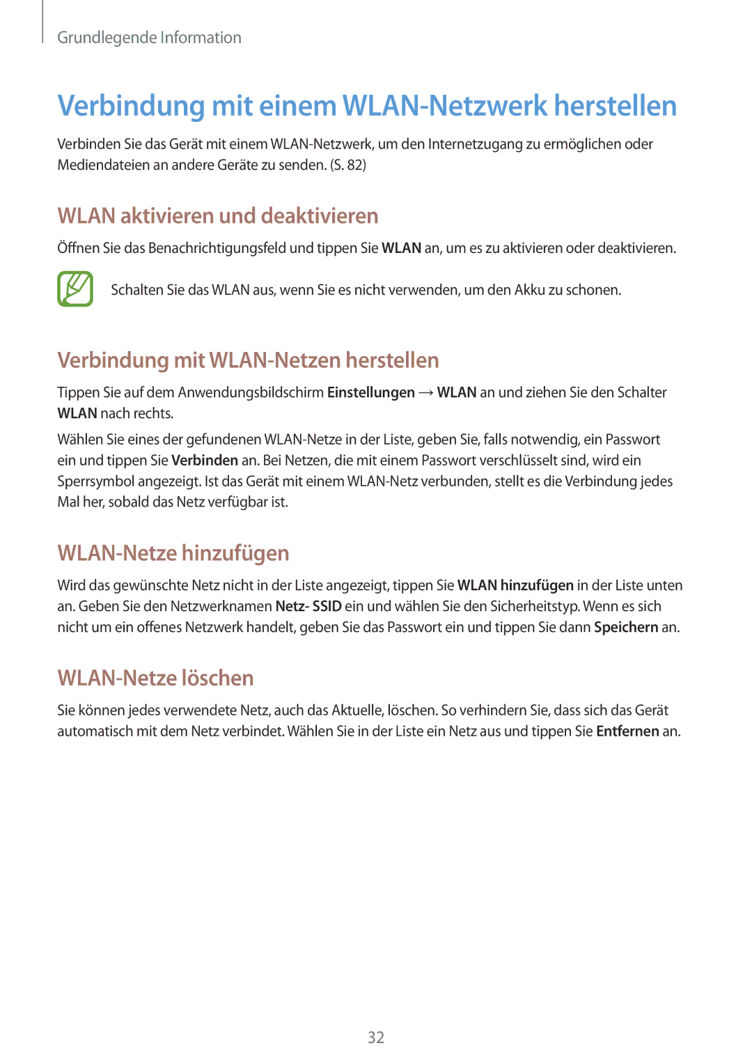 Samsung GT2S6312DBADBT Wlan aktivieren und deaktivieren, Verbindung mit WLAN-Netzen herstellen, WLAN-Netze hinzufügen 