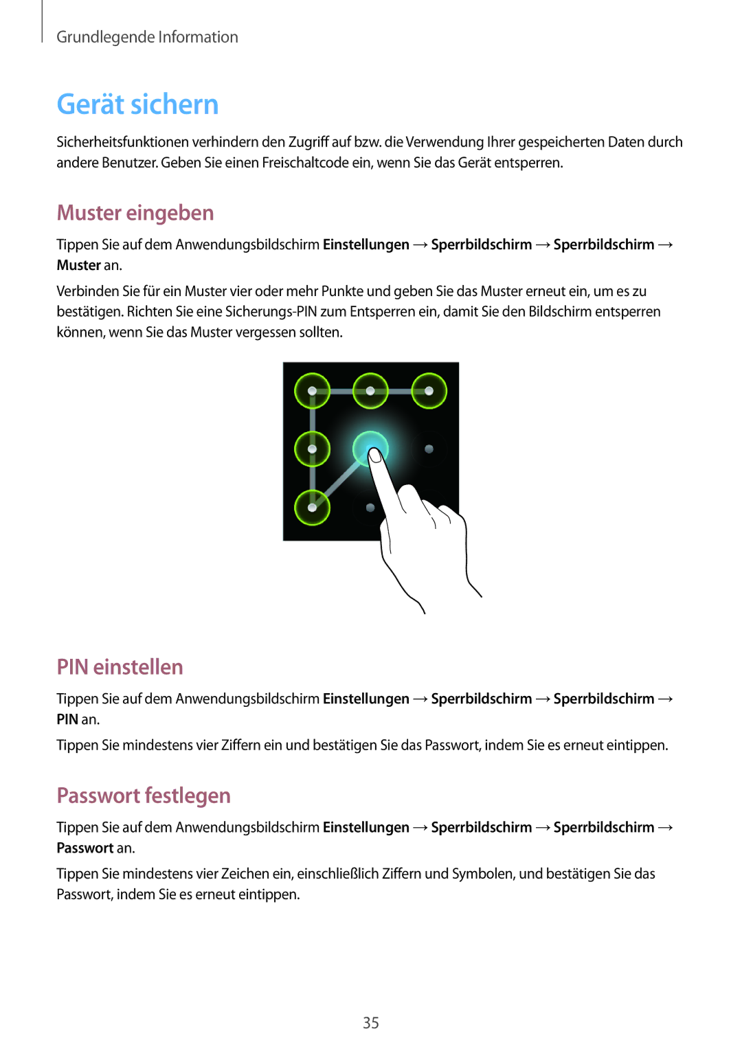 Samsung GT-S6312ZWADBT, GT-S6312ZWATPH, GT2S6312ZWADBT Gerät sichern, Muster eingeben, PIN einstellen, Passwort festlegen 