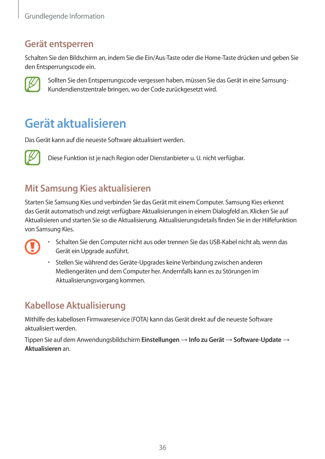 Samsung GT-S6312ZWATPH Gerät aktualisieren, Gerät entsperren, Mit Samsung Kies aktualisieren, Kabellose Aktualisierung 