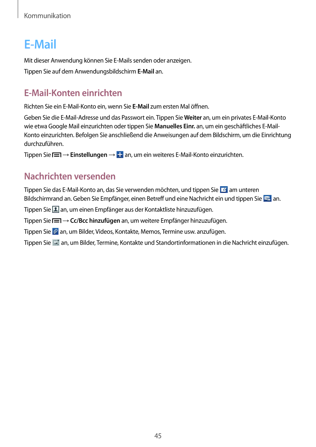 Samsung GT-S6312DBADBT, GT-S6312ZWATPH, GT2S6312ZWADBT, GT2S6312DBADBT, GT-S6312DBATPH manual Mail-Konten einrichten 