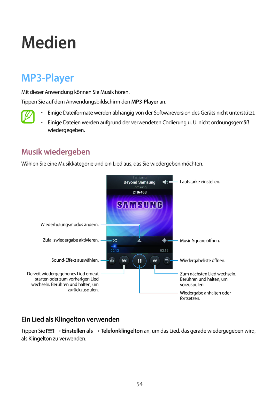 Samsung GT-S6312ZWATPH, GT2S6312ZWADBT manual Medien, MP3-Player, Musik wiedergeben, Ein Lied als Klingelton verwenden 