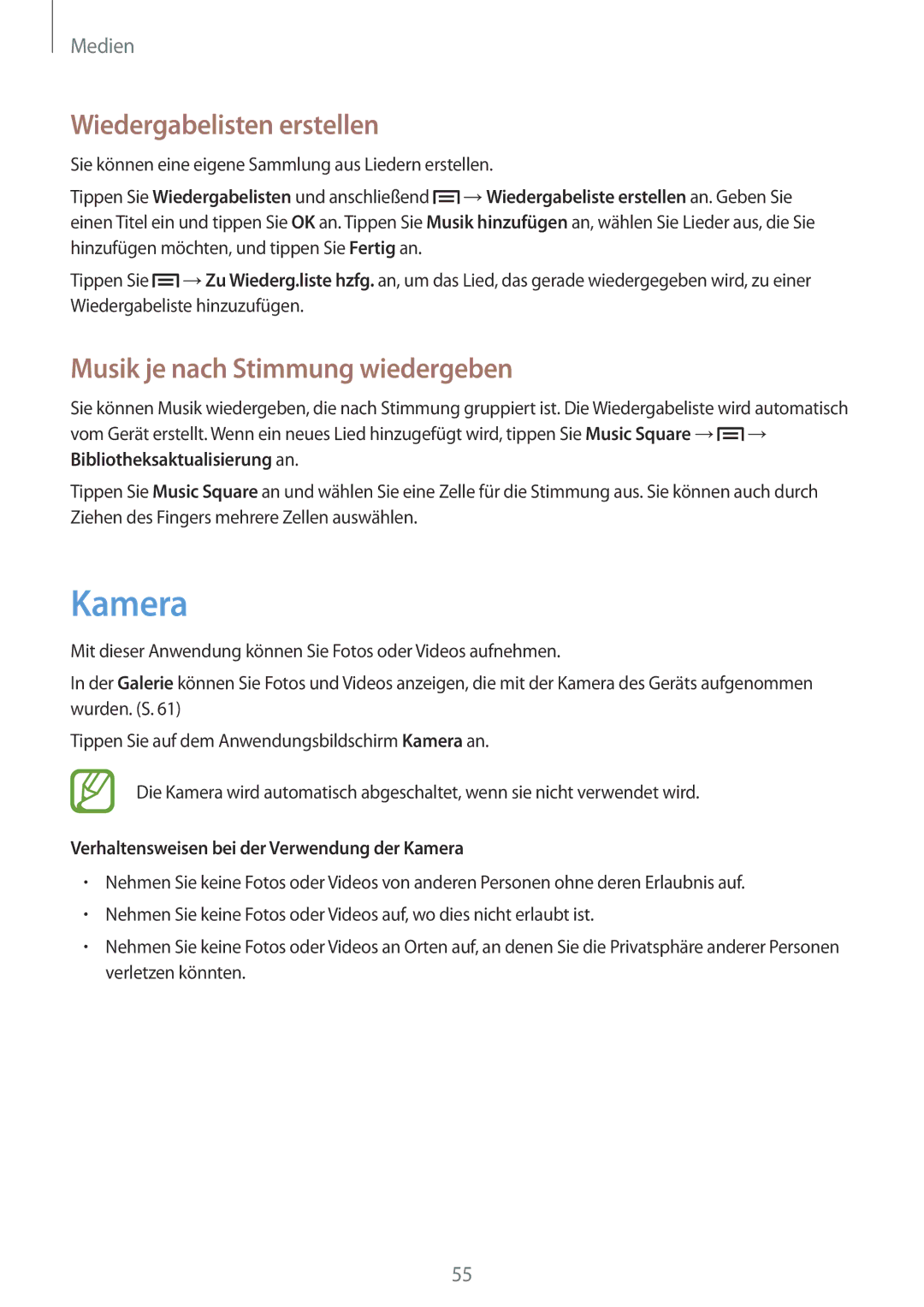 Samsung GT2S6312ZWADBT, GT-S6312ZWATPH manual Kamera, Wiedergabelisten erstellen, Musik je nach Stimmung wiedergeben 